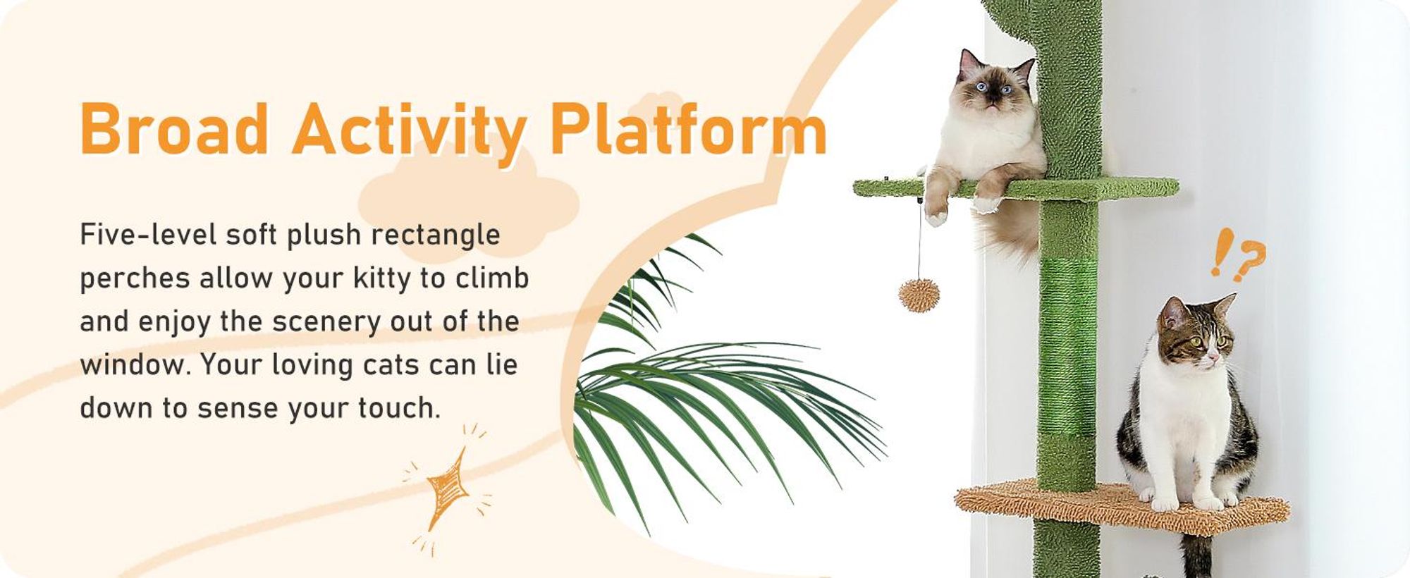 PAWZ Road Kaktus Kratzbaum deckenhoch 229cm - 275cm cm höhenverstellbarer,Katzenkratzbaum mit 4 Ebenen-Katzenbaum Deckenspanner-Katzenmöbel mit Sisal