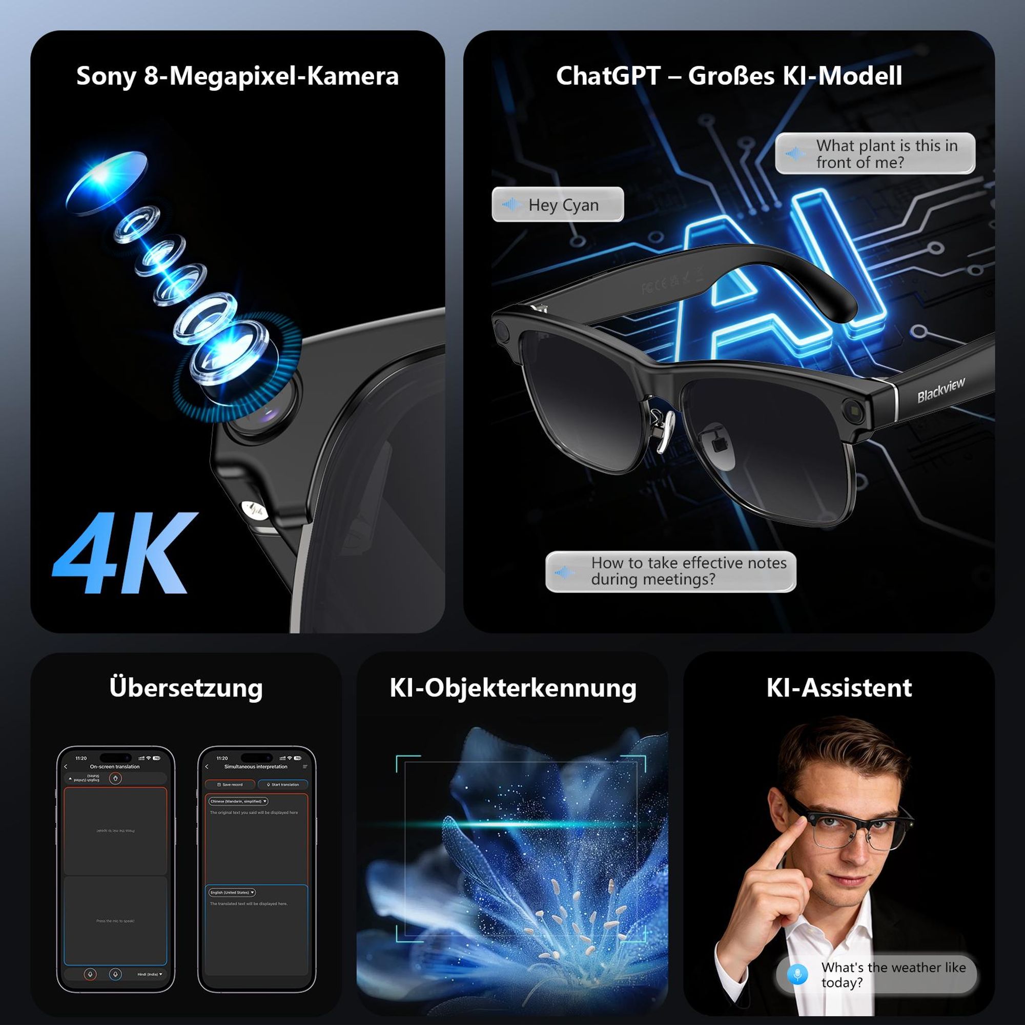 Sonnenbrille 2026 Neue BV200 KI-Kamera-Brille, AI Glasses, BT 6.0, Open-Ear HiFi, Sony IMX219 Sensor, Fotografieren, kommunizieren, übersetzen