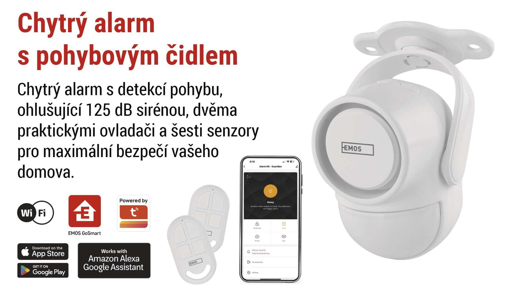 EMOS GoSmart PIR pohybové čidlo s alarmem, sirénou 125dB a aplikací, duální provoz, 2x dálkové ovládání a 6x dveřní senzor, Tuya, 2,4GHz Wi-Fi, H5030