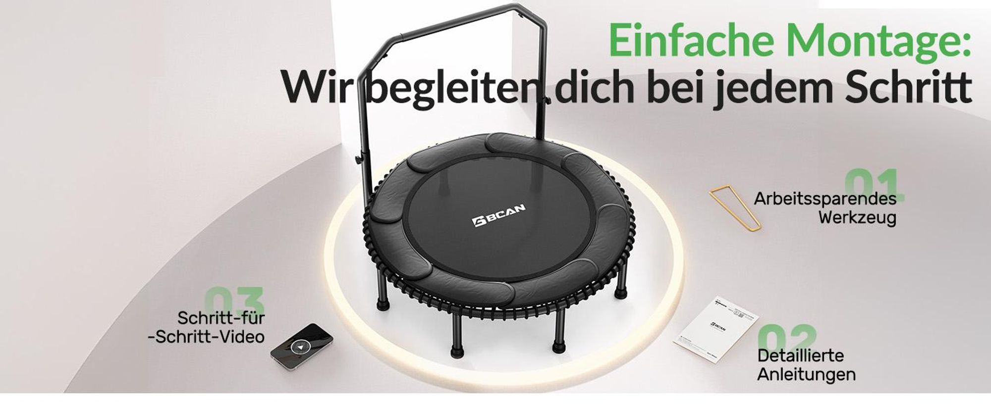 BCAN 48“ Rebounder-Trampolin für Erwachsene, 226 kg Tragkraft, Bungee-Seilen, Verstellbarer Griff, stabil, leise, Innen/außen, Ganzkörpertraining