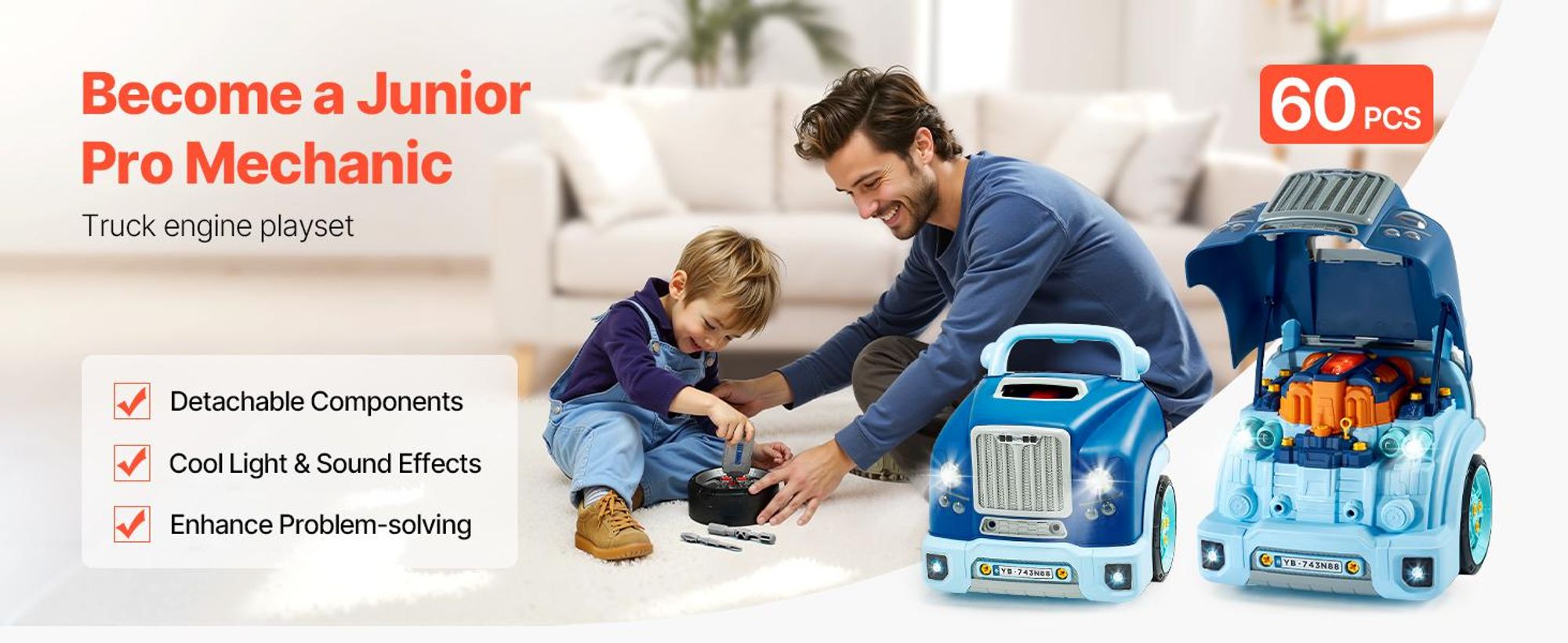VEVOR Motor Spielzeug, 60 Teile, Kinder Mechaniker Auto Reparatur Set mit abnehmbaren Teilen, Lichtern und Geräuschen, Lenkrad und Hupe, Kinder Mechaniker Werkstatt Set für Kleinkinder ab 3 Jahren, Blau, Blau