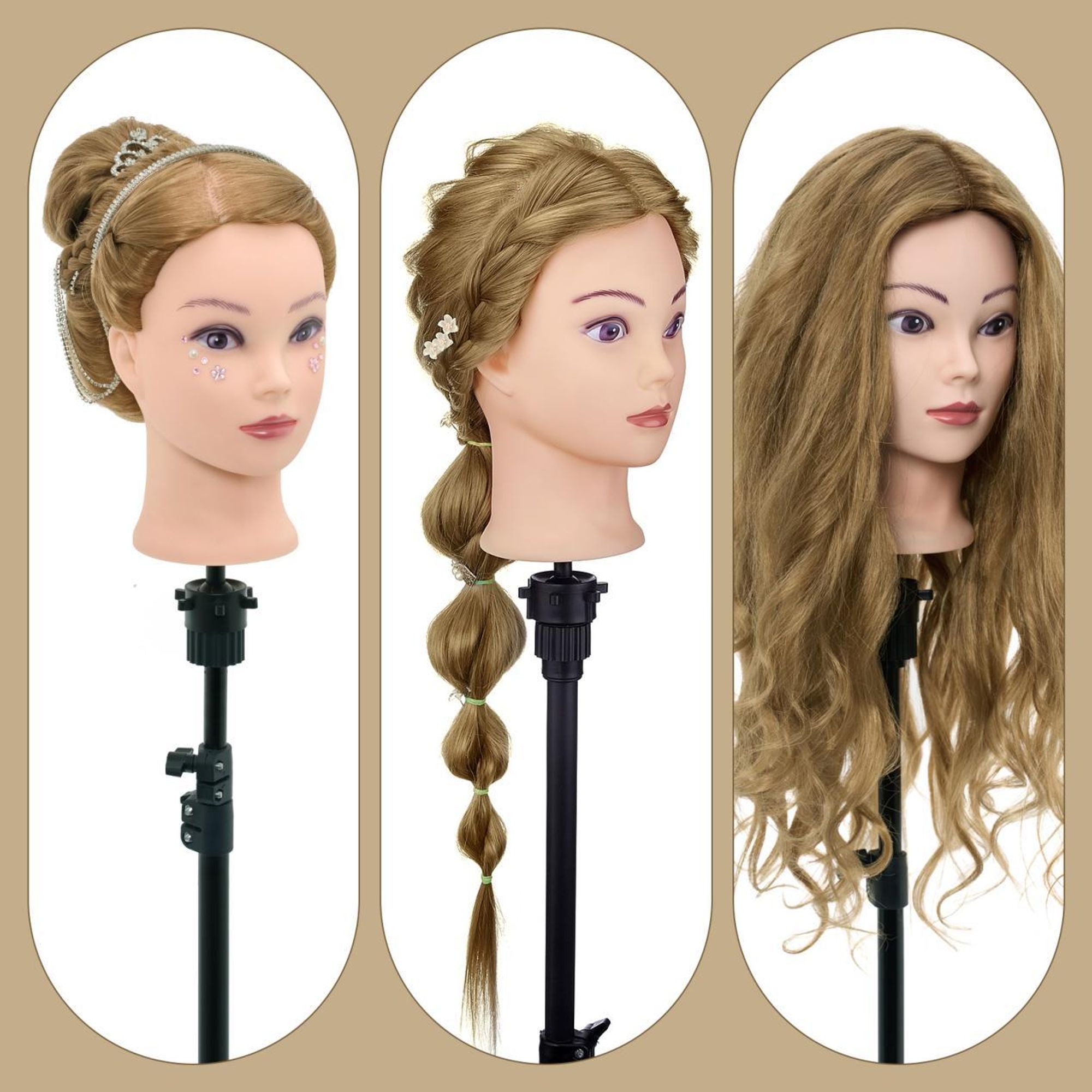 Frisierkopf Übungskopf 80 % Echthaar mit Stativ – Friseurkopf Friseurpuppe – inkl. Styling-Zubehör – Dunkelblondes Haar – 70 cm