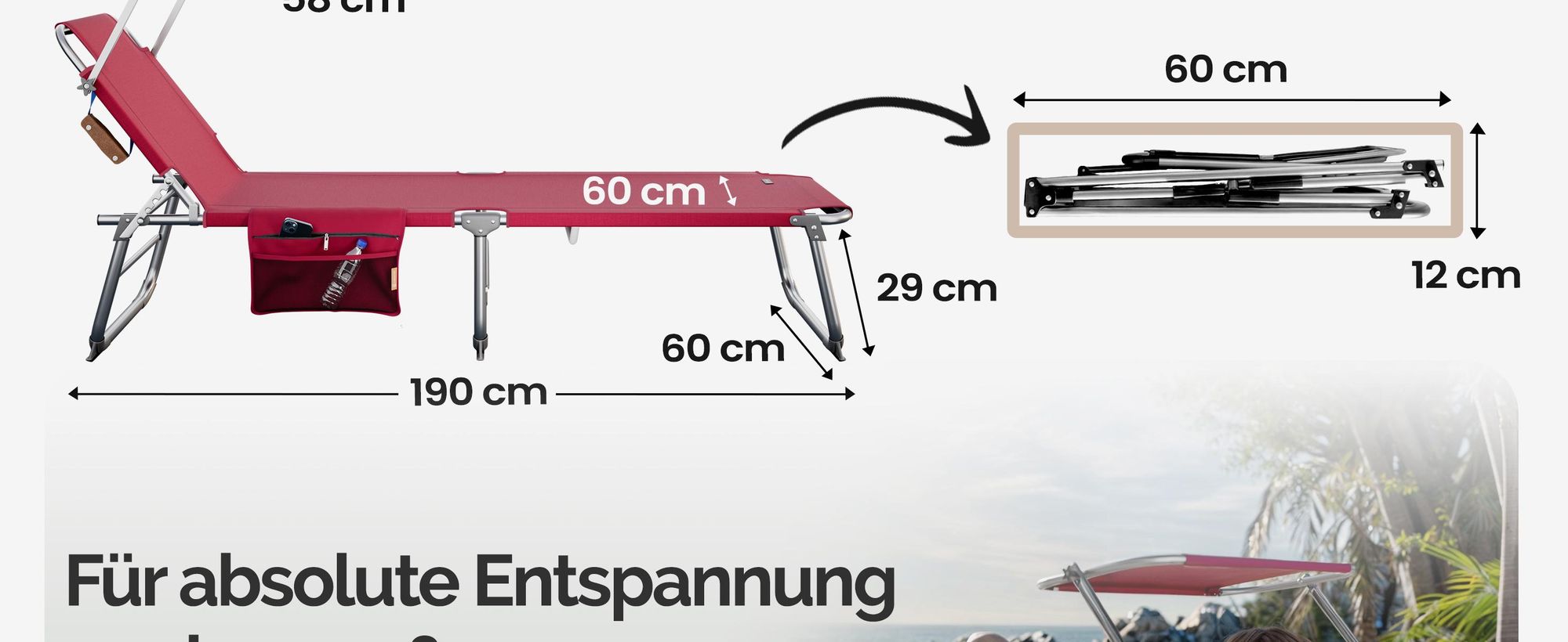 CASARIA Sonnenliege Klappbar mit Sonnendach Rot
