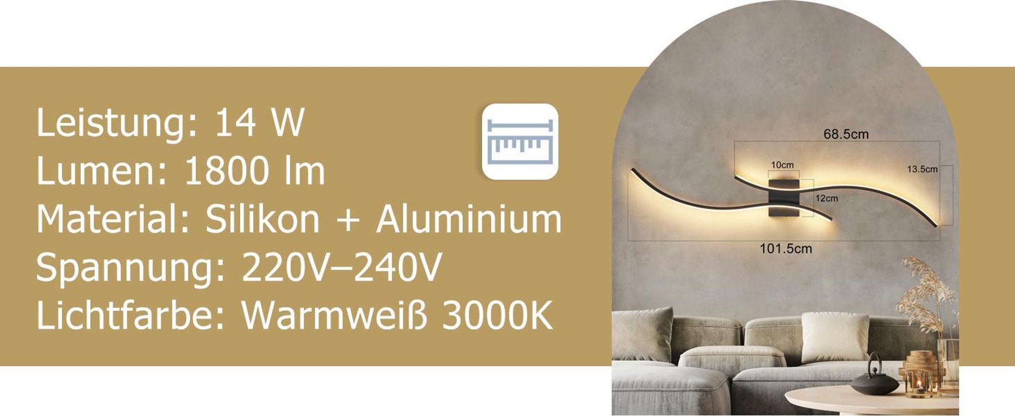 ZMH Wandlampe LED Wandleuchte Innen 14W Flurlampe 100CM Schwarz Treppenhauslampe Modern Welle Design 3000K Warmweiß Minimalistische Wandbeleuchtung für Schlafzimmer Wohnzimmer Flur  Treppenhaus Küche
