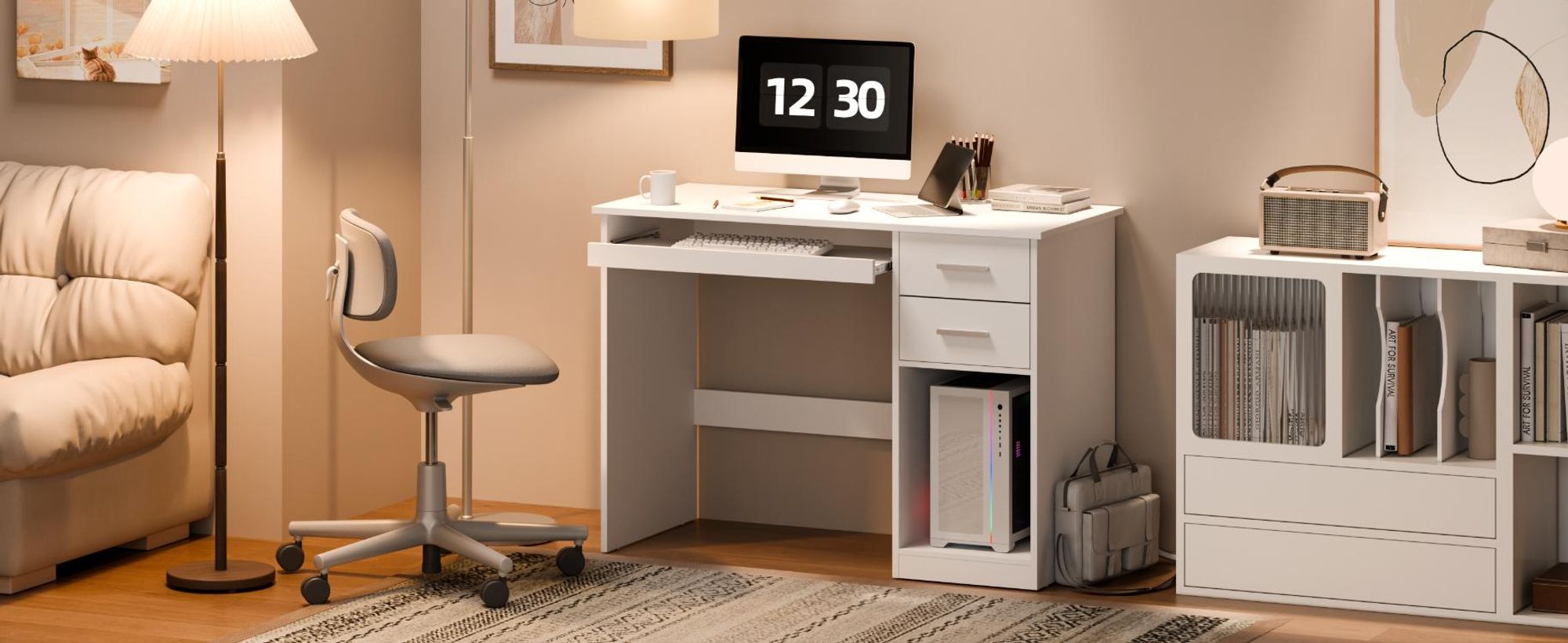 Mondeer Schreibtisch Computertisch mit 2 Schubladen & Tastaturauszug, Moderner Bürotisch für Homeoffice 105x48x76 cm Weiß