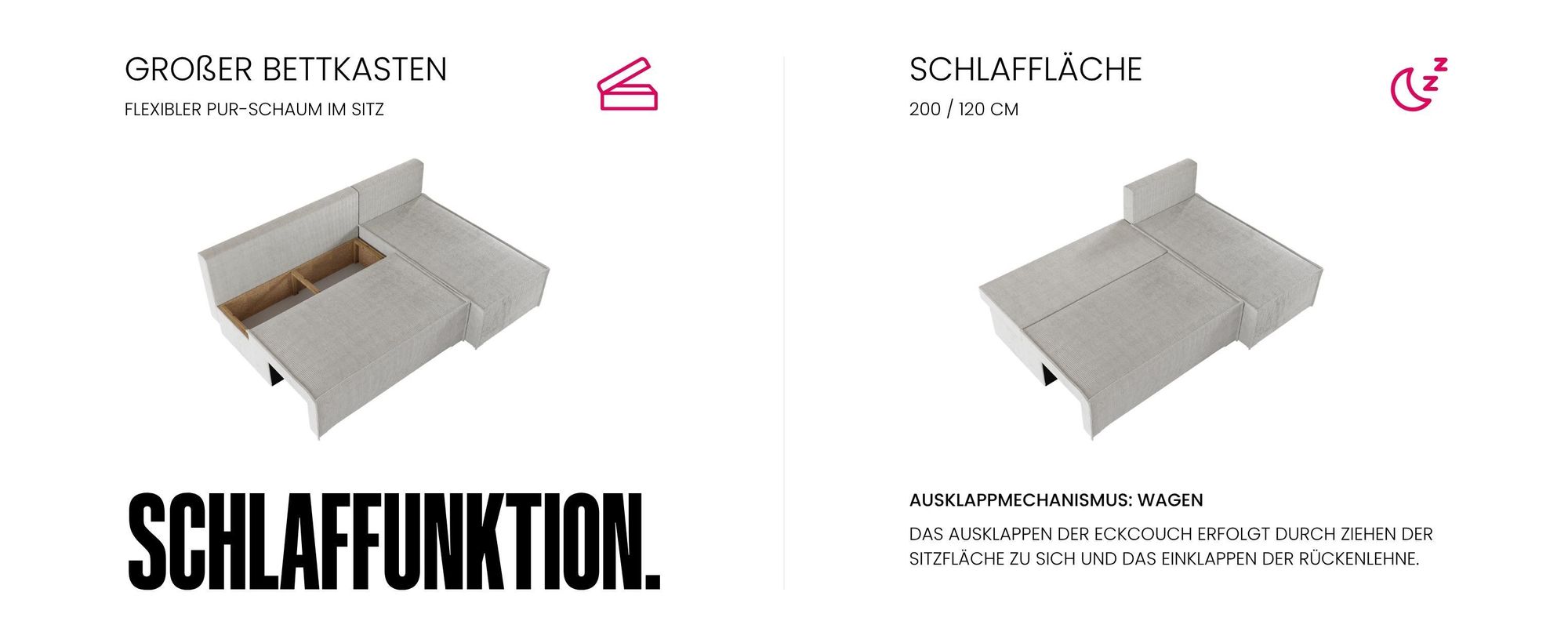 BroMARKT Ecksofa TOP SLIM Schlaffunktion Bettkasten L-Form 120x200 cm Vanille