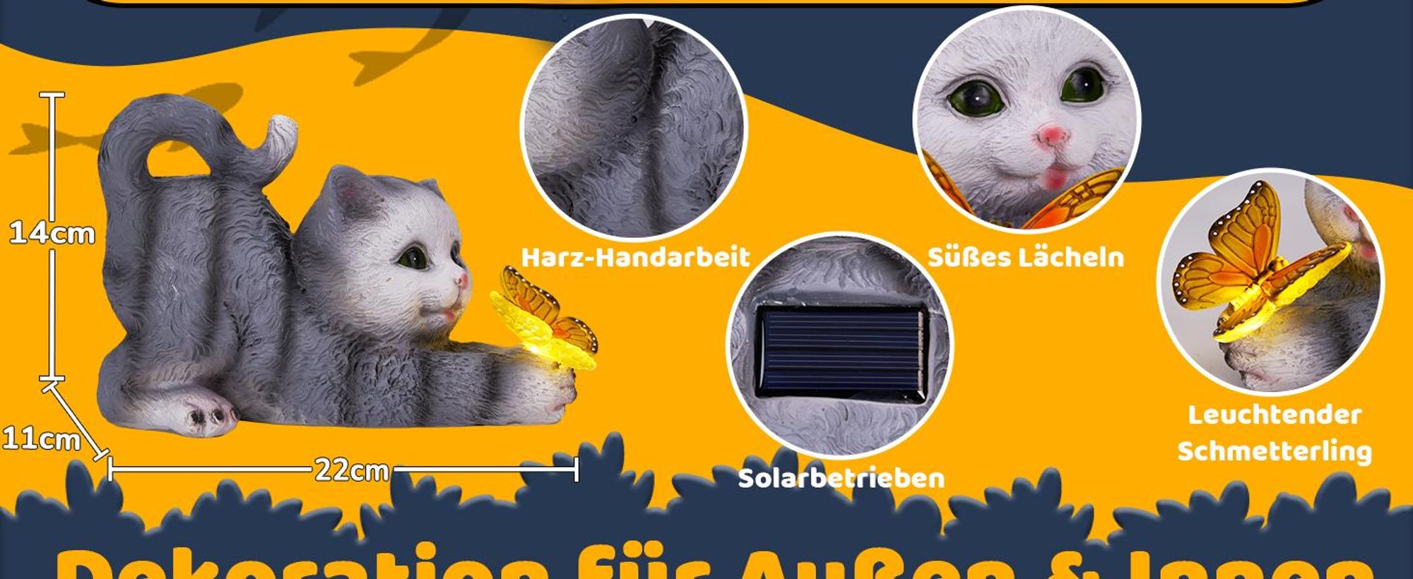 Solarlampe, LED Solarleuchte, Gartenlampe, Katze Gartendeko, Gartendekoration, Wasserdicht, Warmweiß, für Außen, Hinterhöfe, Gärten, Rasen