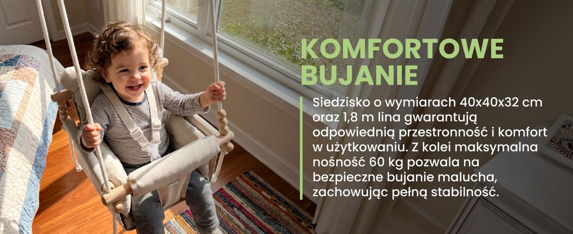 Bawełniana huśtawka dla dzieci w kolorze szarym z poduszką, na sznurkach