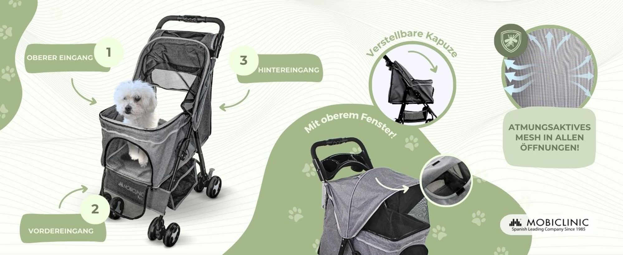 Mobiclinic Pets, Faltbarer Hundewagen, Bis zu 15 kg, Ideal für kleine Hunde, Zuma, Räder mit 360°-Bremsen, XXL-Korb, Becherhalter, Grau
