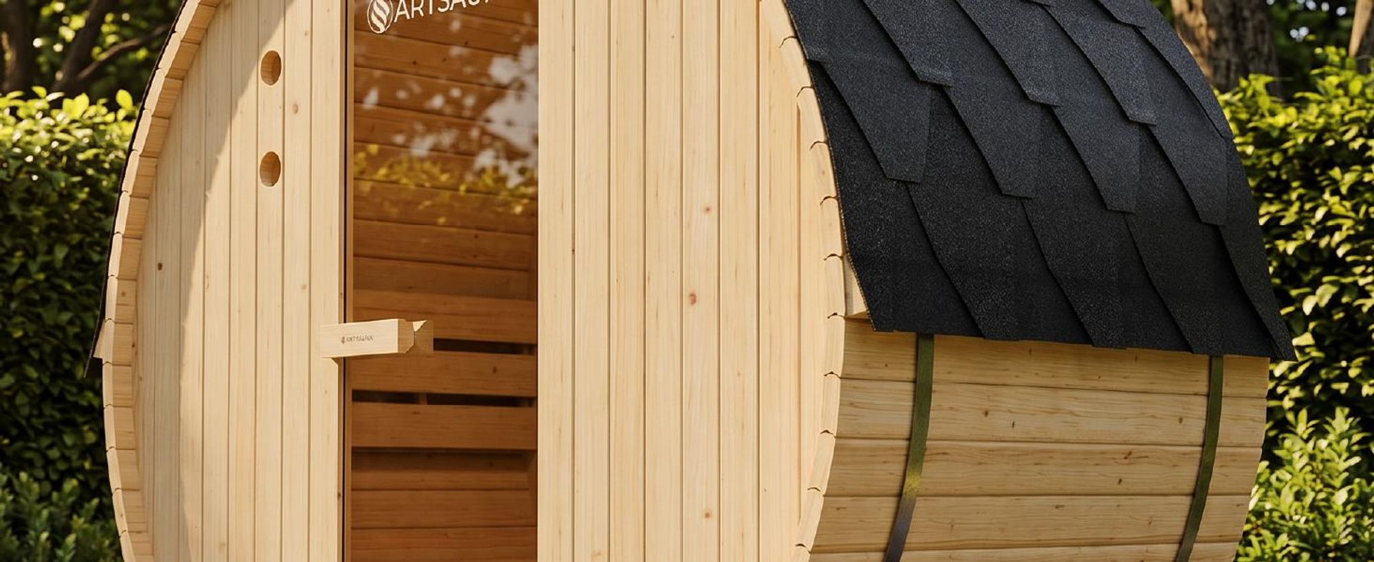 Artsauna Outdoor Fasssauna Spitzbergen 120 für 2 Personen - 3,6 kW Ofen & Zubehör