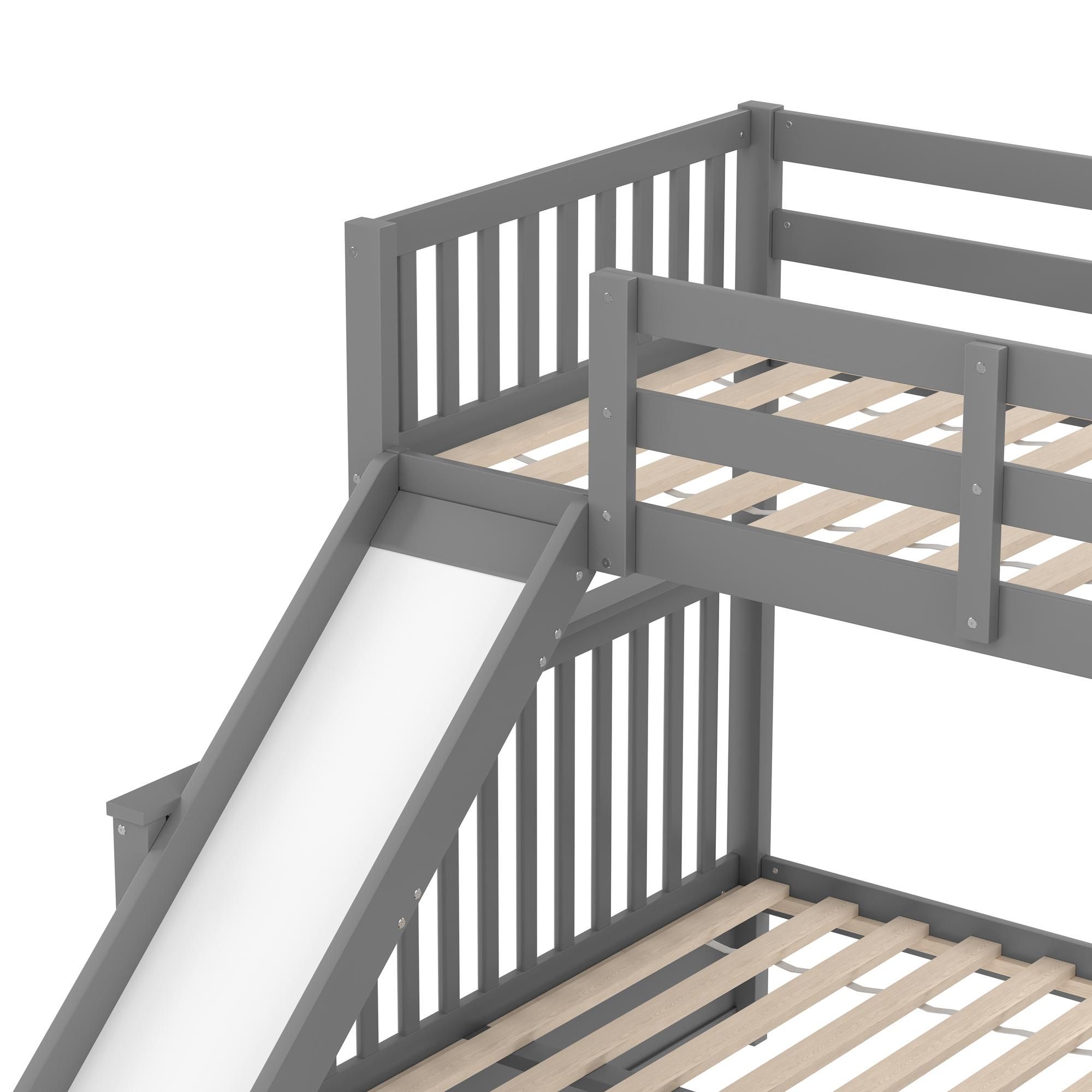 Merax Etagenbett 90x200/140x200cm mit Rausfallschutz und Stauraumtreppe, Kinderbett mit Rutsche, Hochbett mit 2 Schubladen, Massivholz Stockbett, Grau