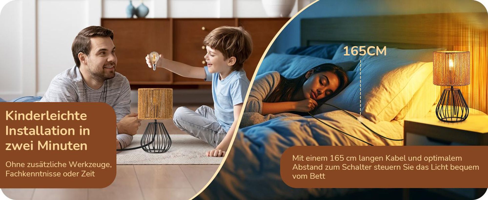 EDISHINE Tischlampe Wohzimmer, Boho Tischlampe mit Papierseil-Schirm, Schwarz