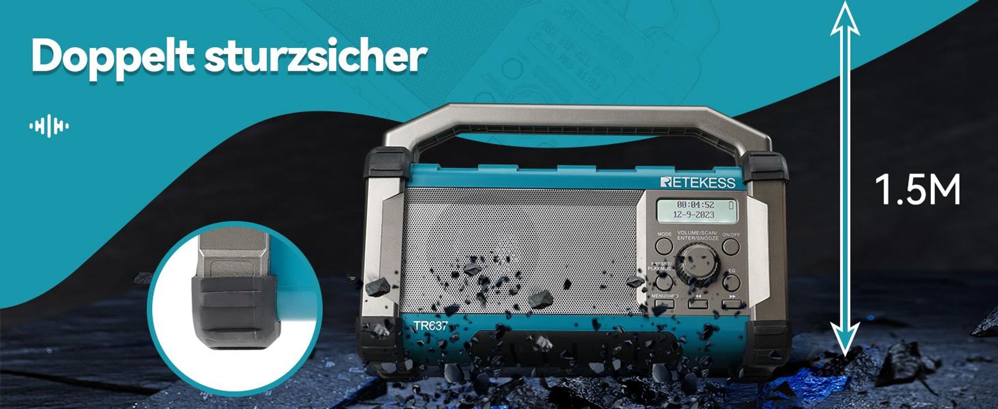 Retekess TR637 Baustellenradio mit Bluetooth, FM AM mit 5000 mAh leistungsstarkem Akku, IP54 staubdicht und wasserdicht mit USB-Ladegerät Tragegriff