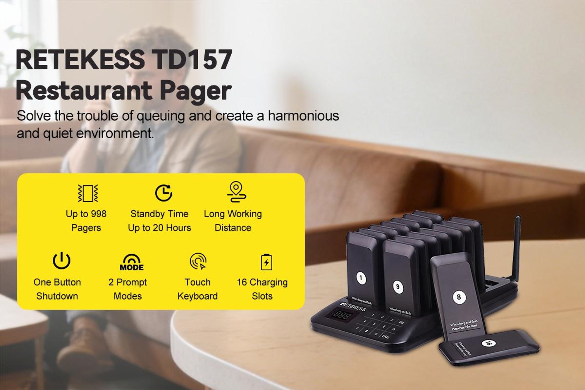 Retekess TD157 Restaurant Pager System, 16 Pagers, 500M Pager Rufsystem, 2 Rufmod, 24H Pager Pieper für Food Court, Café, Bar,998 Kanäle walkie talkie