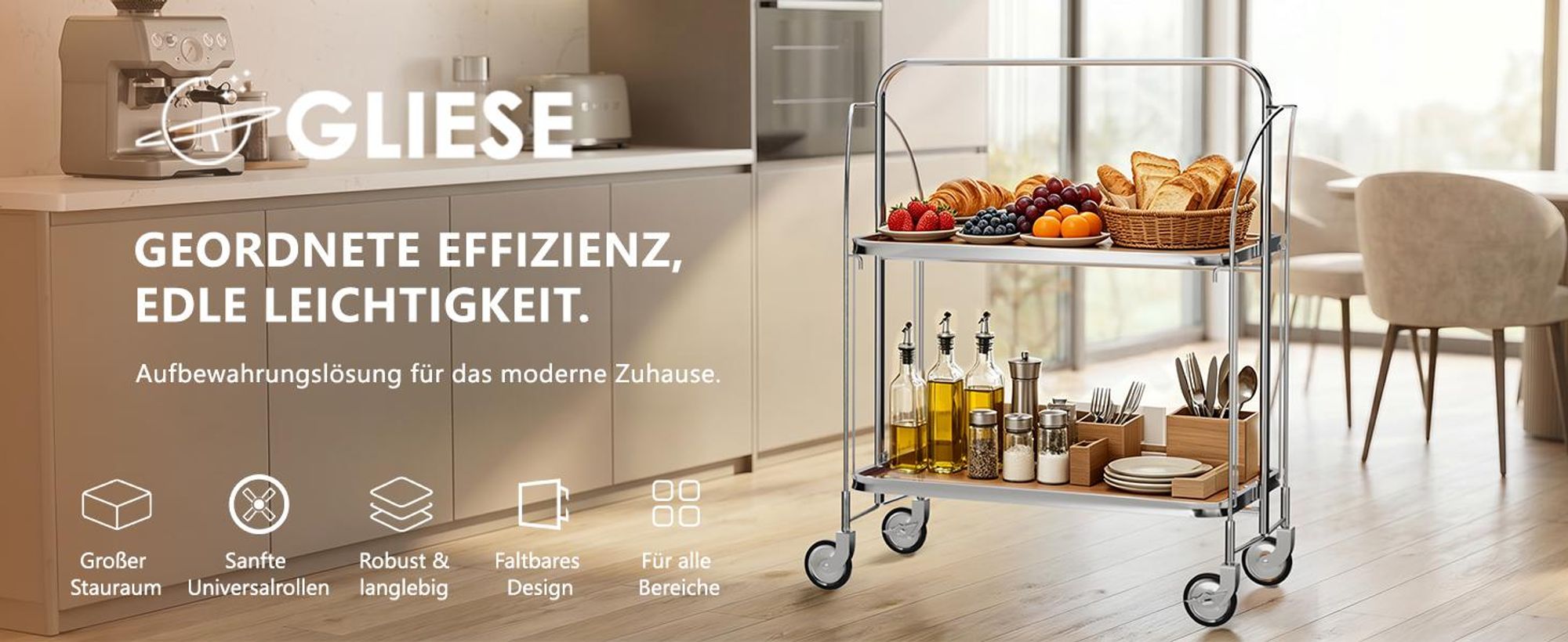 Servierwagen Edelstahl Teewagen Zusammenklappbar Küchenwagen Anrichte Gastro Servierhilfe 2 Borde 4 Räder, Hellbraun