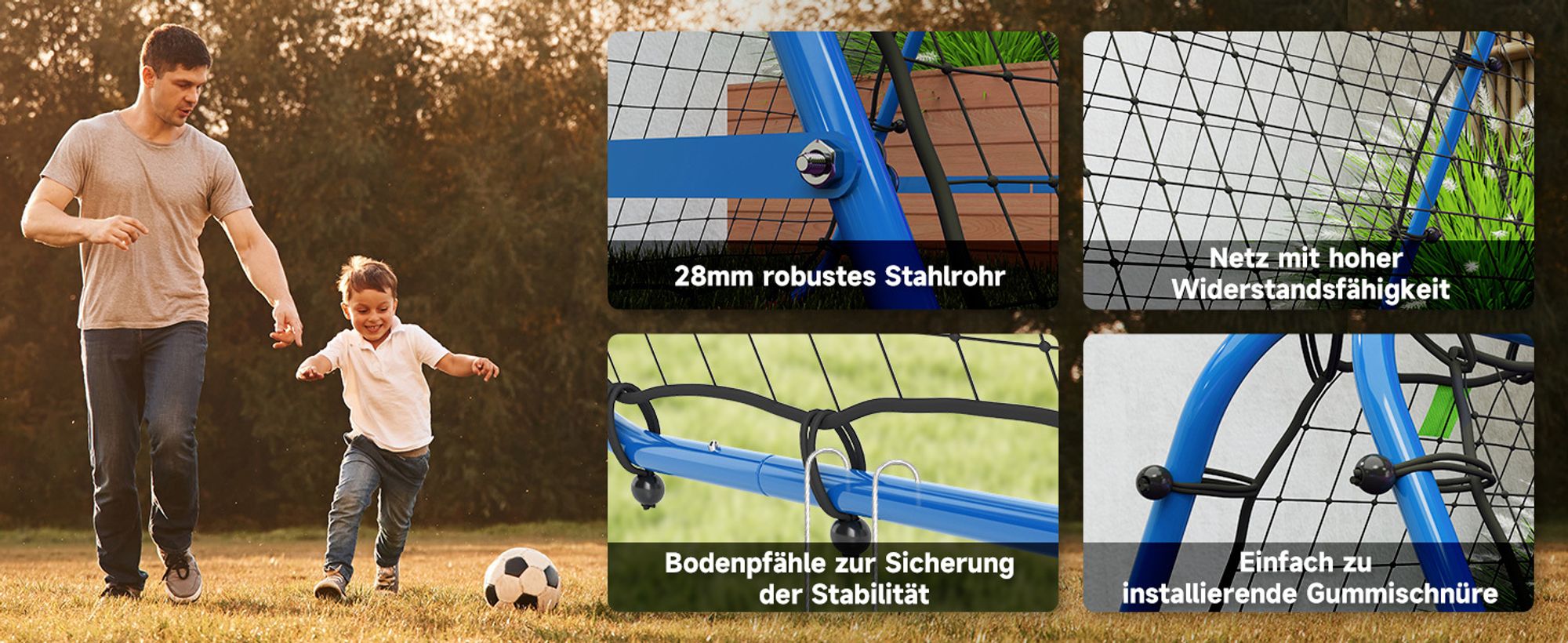 HOMCOM Fußball Rebounder Kickback Tor Rückprallwand Netz beidseitiger Rückprall Verstellbar in 5 Stufen Stahl Blau 100 x 95 x 90 cm