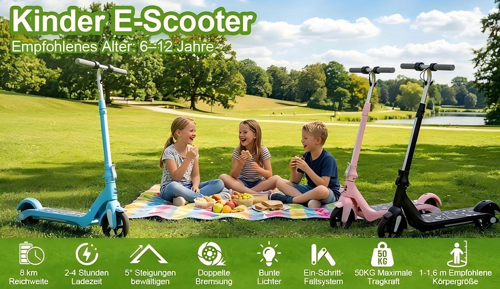 Elektroscooter Kinder mit Langstrecken, bis zu 15km/h Kinderroller, Schnelle Installation zu Tragen E-Roller Für Kinder 6-12, Elektroroller Blau