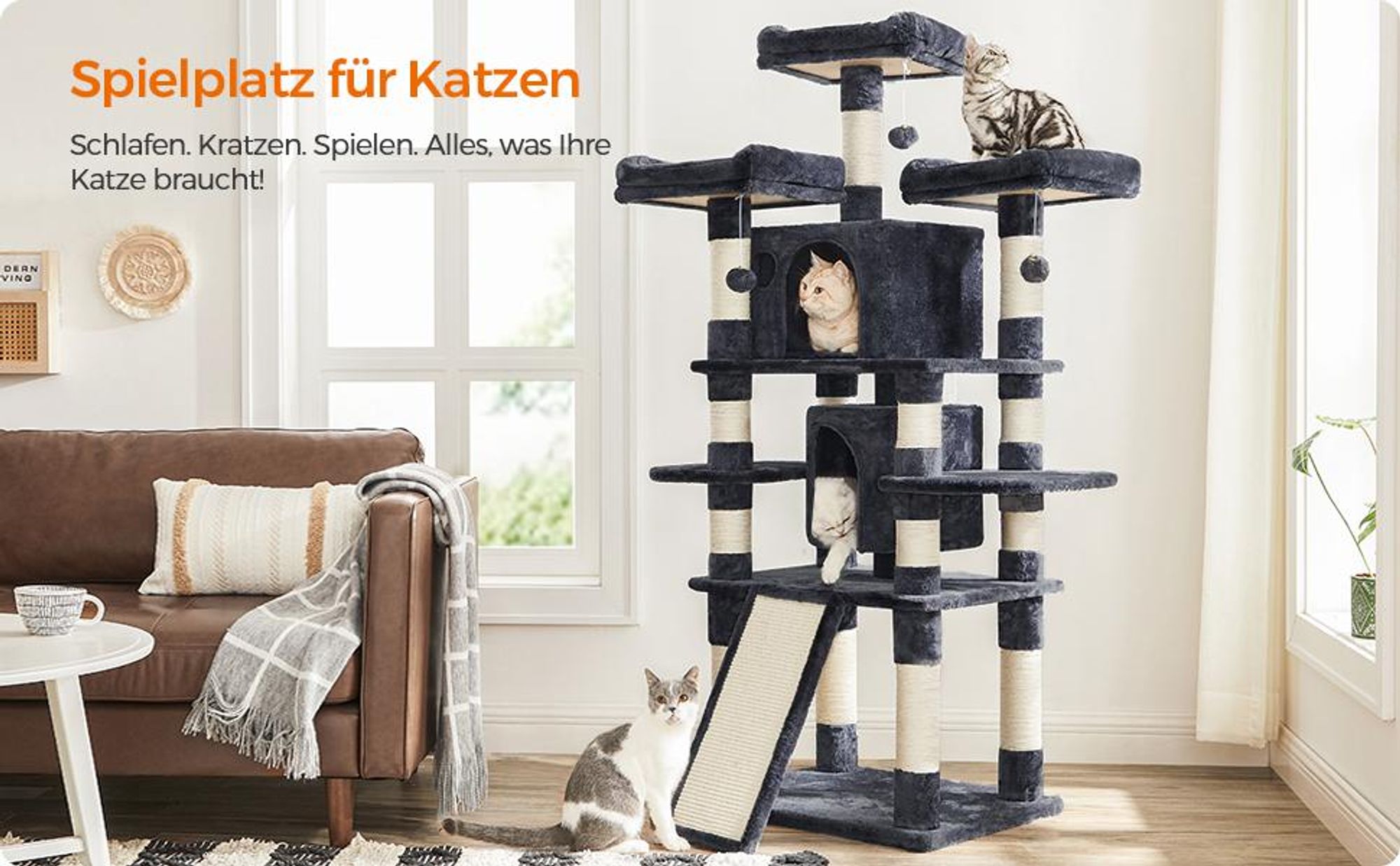 FEANDREA Kratzbaum, 170cm, stabil, mit extra dicken Sisalstämme rauchgrau