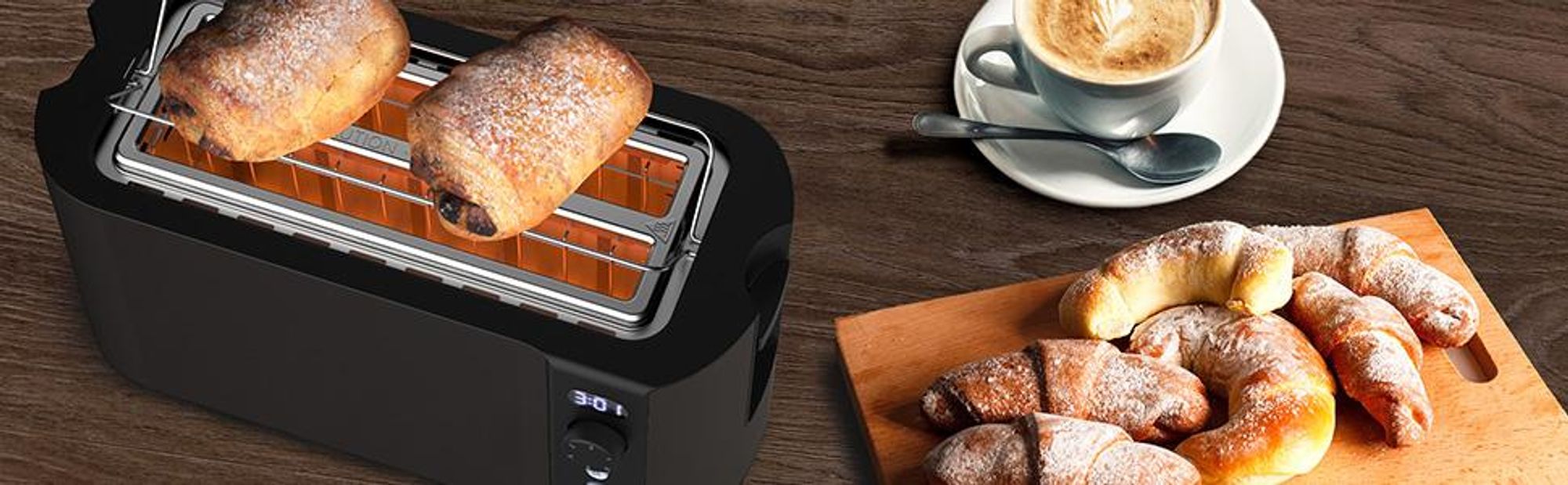 Balter Toaster 4 Scheiben, Edelstahl, Langschlitztoaster mit Brötchenaufsatz, 1500W, LCD Display, Defrost-Aufwärmfunktion, Krümelschublade, Grau