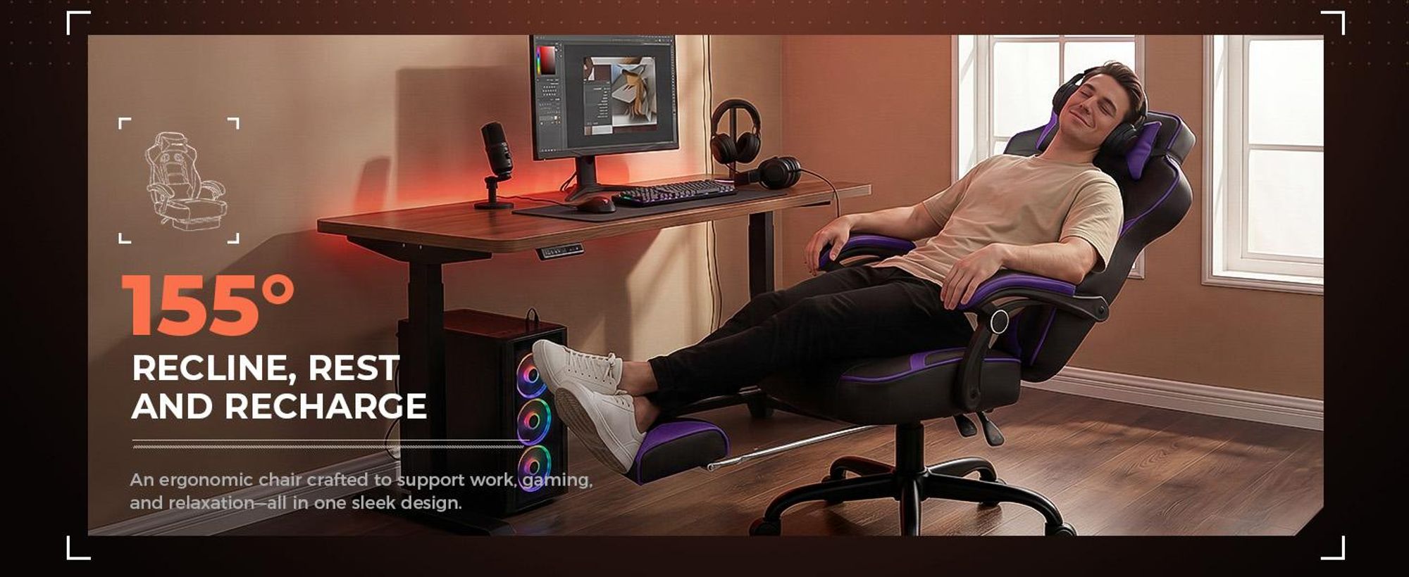 GTPLAYER Gaming stoel met voetsteun, ergonomische bureaustoel met een draagvermogen van 150 kg, gaming fauteuil met lendensteun en hoofdsteun, verstelbare computerstoel