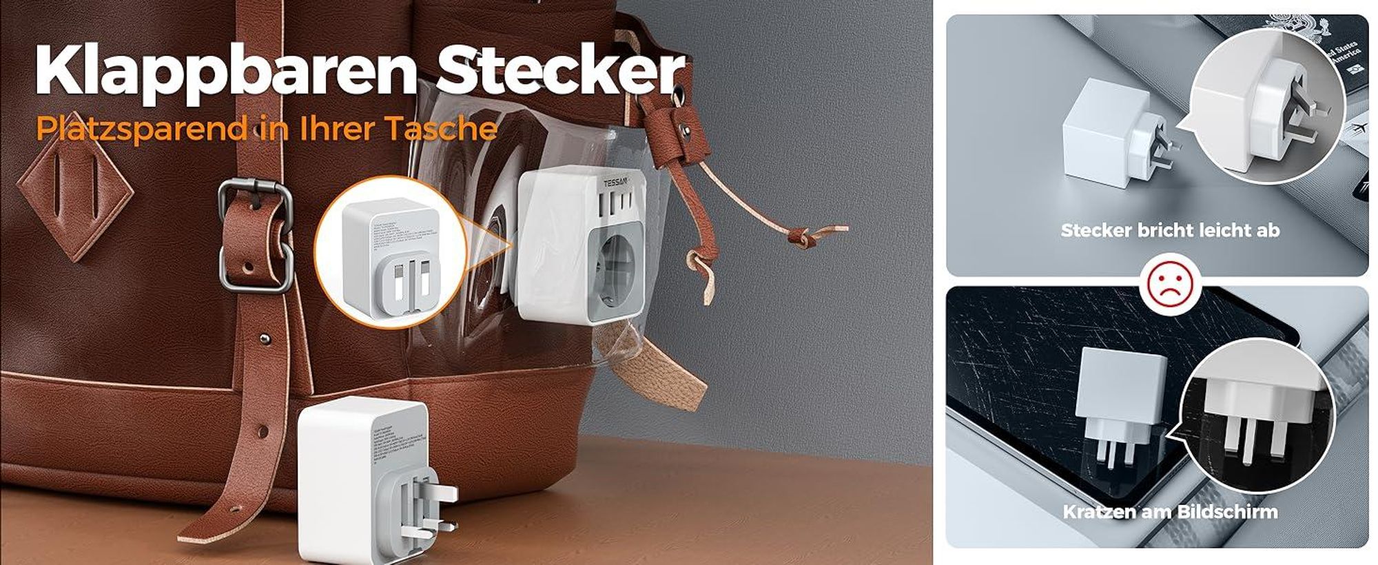 TESSAN 2 Stück Klappbarer Adapter 5 in 1 Reiseadapter UK Adapter auf EU Steckdosenadapter 2 USB C und 2 USB A Typ G für London