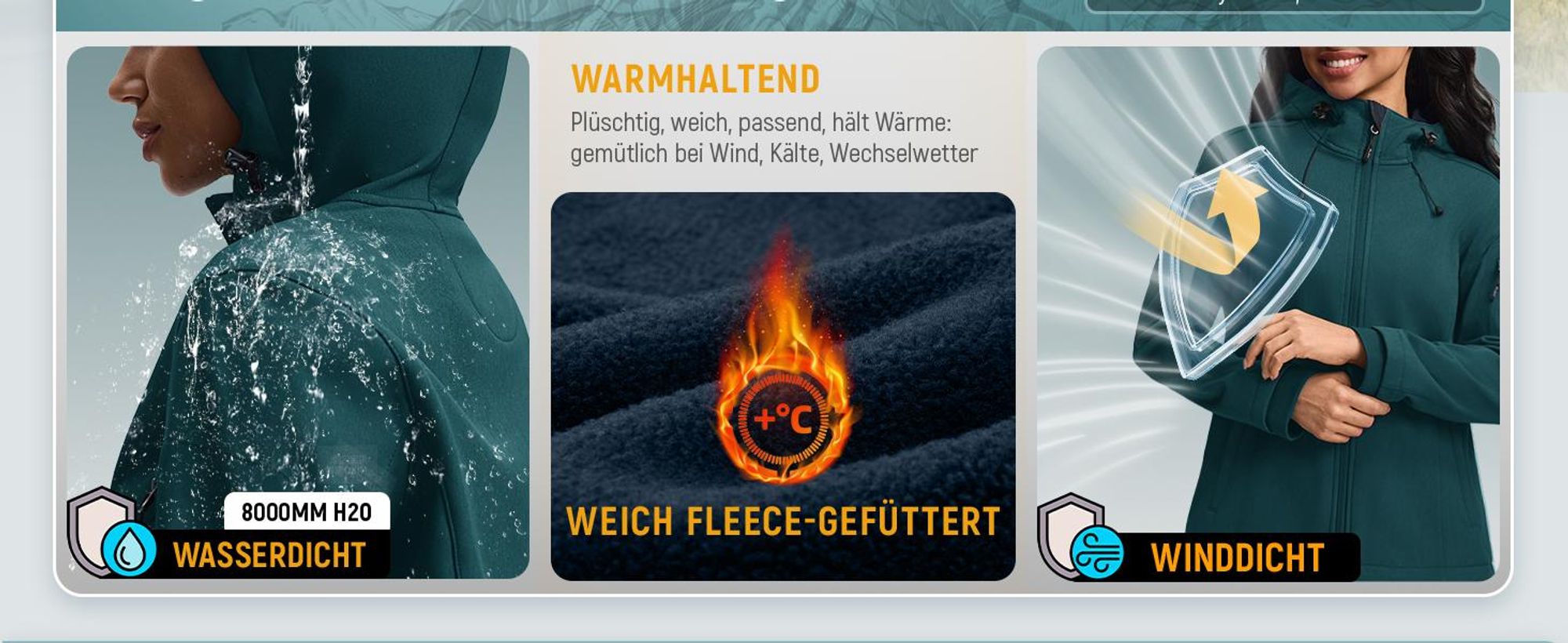 BUBW Damen Softshell Jacke mit Kapuze (Lagoon M), wasserdicht winddicht, elastisch warm mit Kationengewebe für Outdoor Aktivitäten