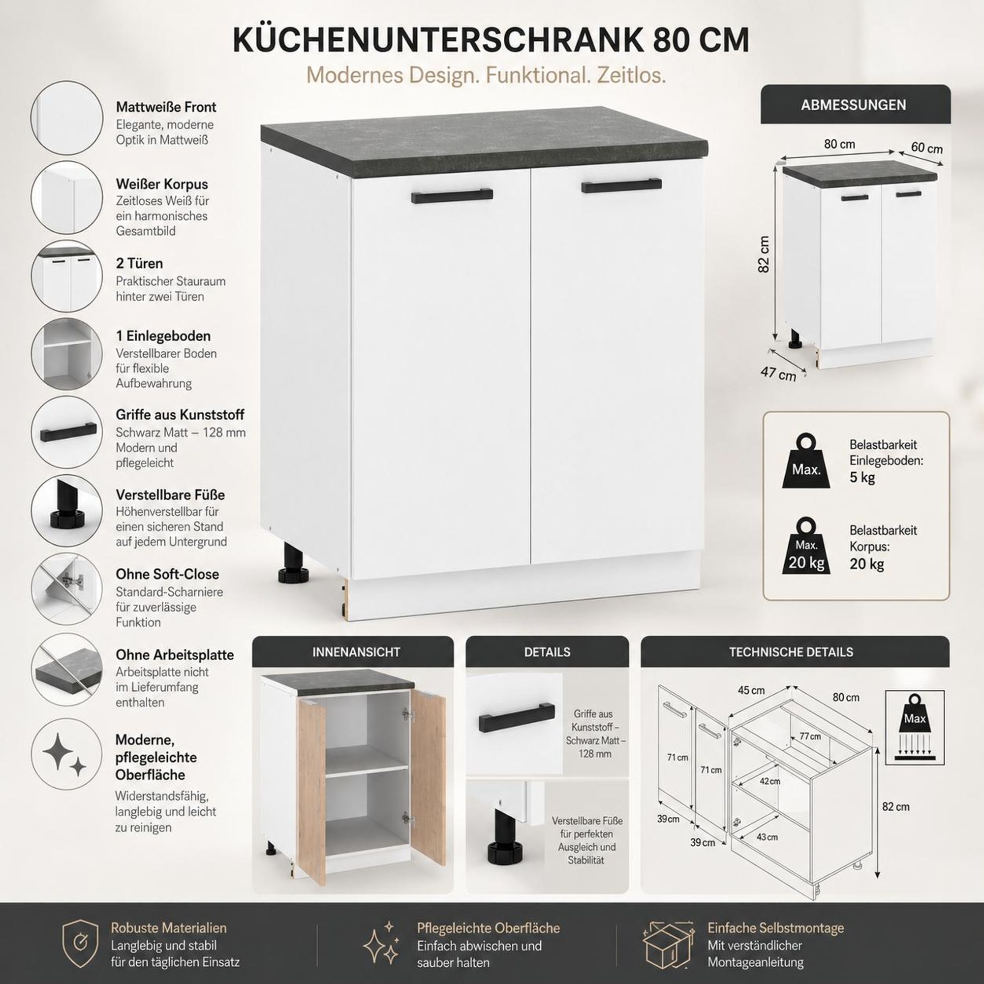 Küchenunterschrank 80 cm Mattweiß: Übersicht, 128 mm Lochabstand & verstellbare Füße.