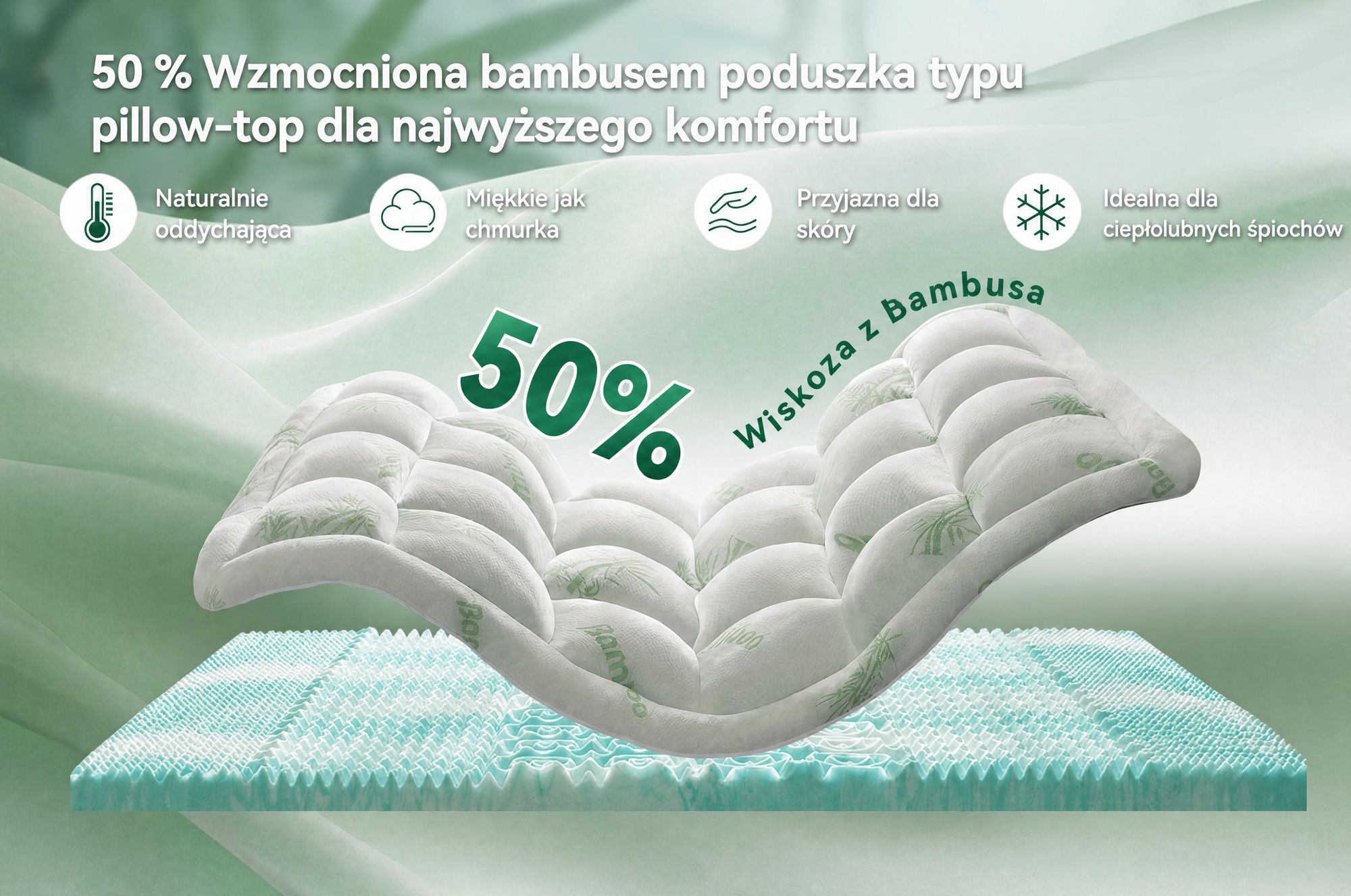 NicePlus, materac kieszeniowy 2 w 1, 90x200x7 cm, pianka termoelastyczna z podkładką z bambusa, z gumkami narożnymi pasującymi do wszystkich materacy, twardość H2/H3, kolor zielony