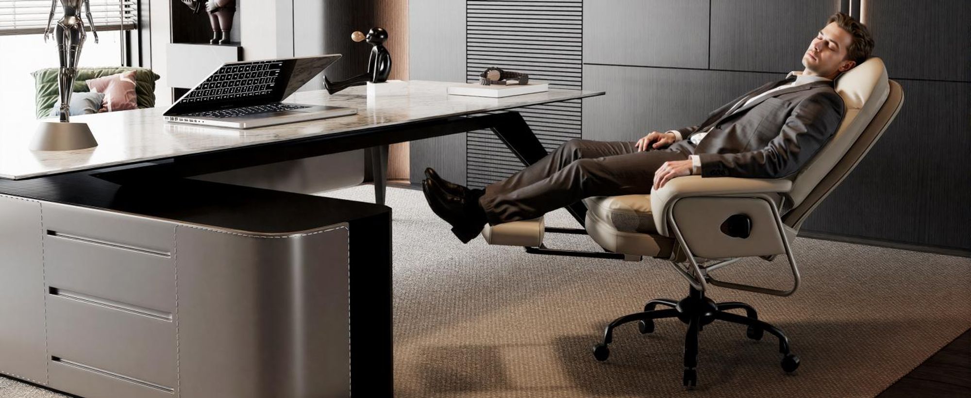 FLEXISPOT 3-in-1 Ergonomischer Bürostuhl mit 165° Liegefunktion, Ausziehbarer Fußstütze, Dickem Komfortpolster und Höhenverstellung (Beige)