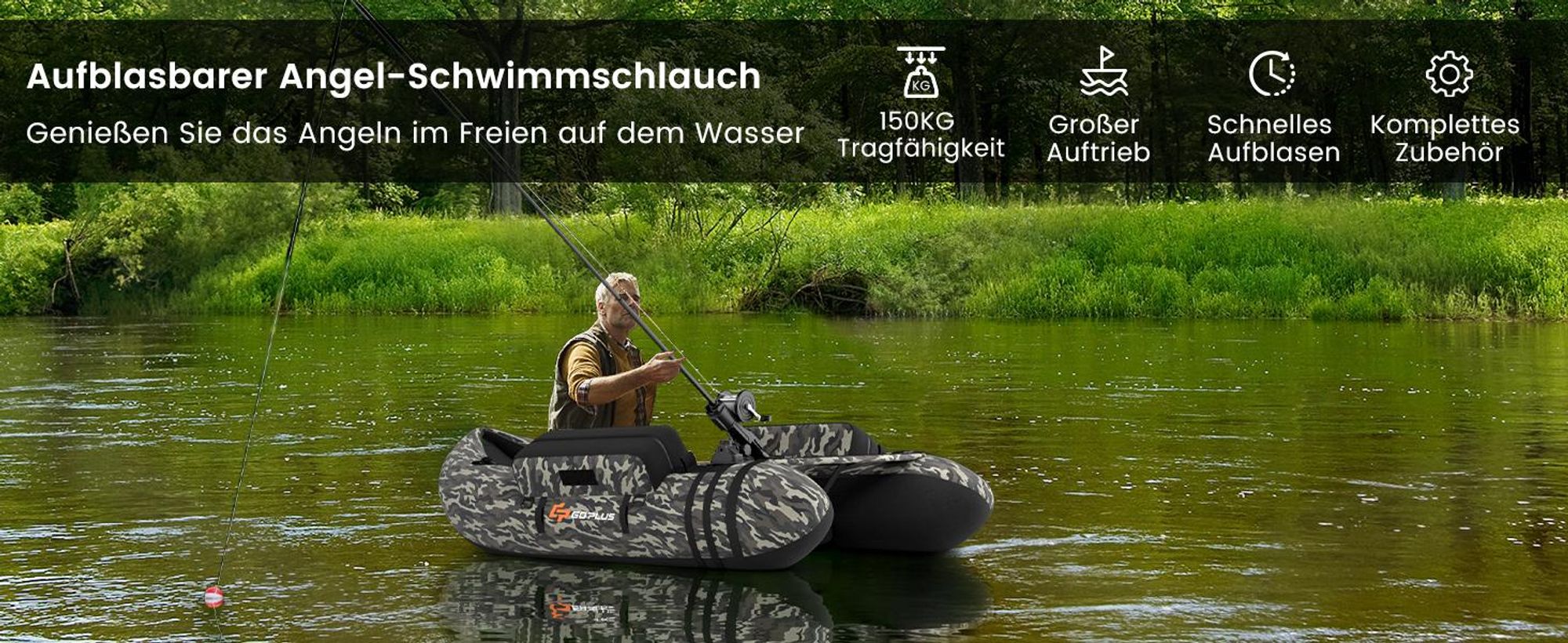 GOPLUS Bellyboot, Belly Boat bis 150 kg belastbar, aufblasbares Schlauchboot zum Angeln mit Alu Paddel, Pumpe,135 x 109 x 54 cm, Beige+Schwarz