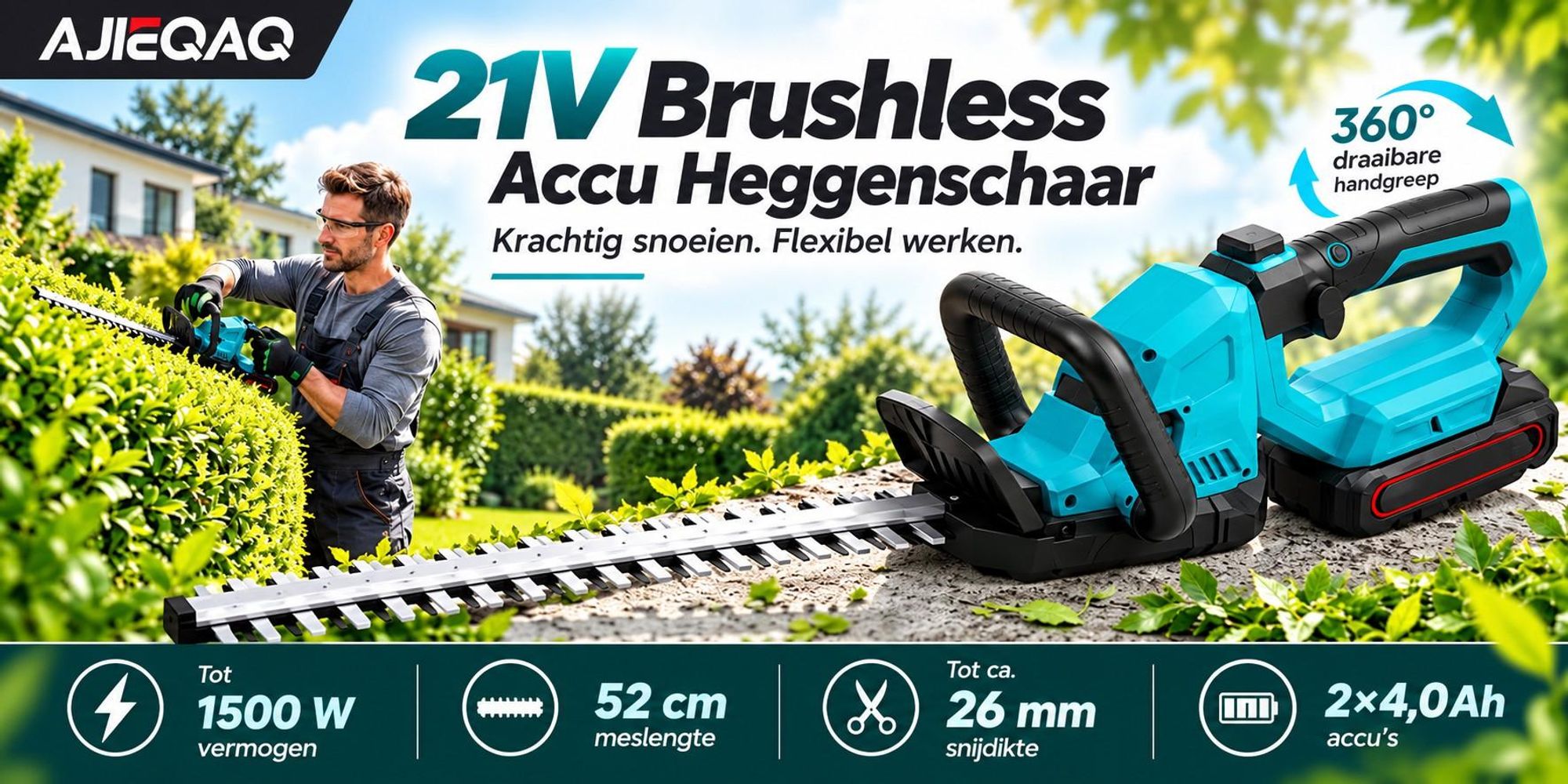 AJIEQAQ Accu-heggenschaar 21V met Brushless Motor, 1500W, 52 cm Mes, 2×4,0Ah Accu's, 360° Draaibare Handgreep, tot 26 mm Snijcapaciteit