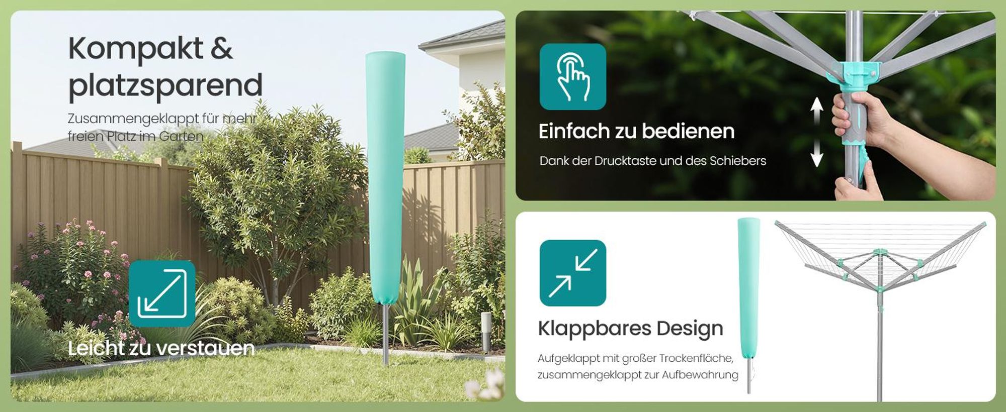 SONGMICS Wäschespinne, 45 m Wäscheleine, für 4 Waschladungen, mit Wäscheklammern, silbern