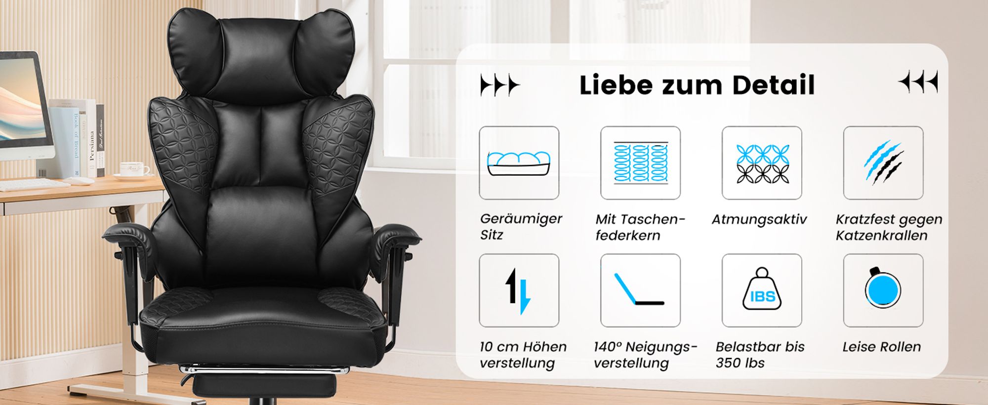 COMHOMA Gaming Stuhl, ergonomischer Bürostuhl, Schreibtischstuhl mit verstellbare Armlehnen, Taschenfederkern-Lendenwirbelstütze  150 kg, schwarz