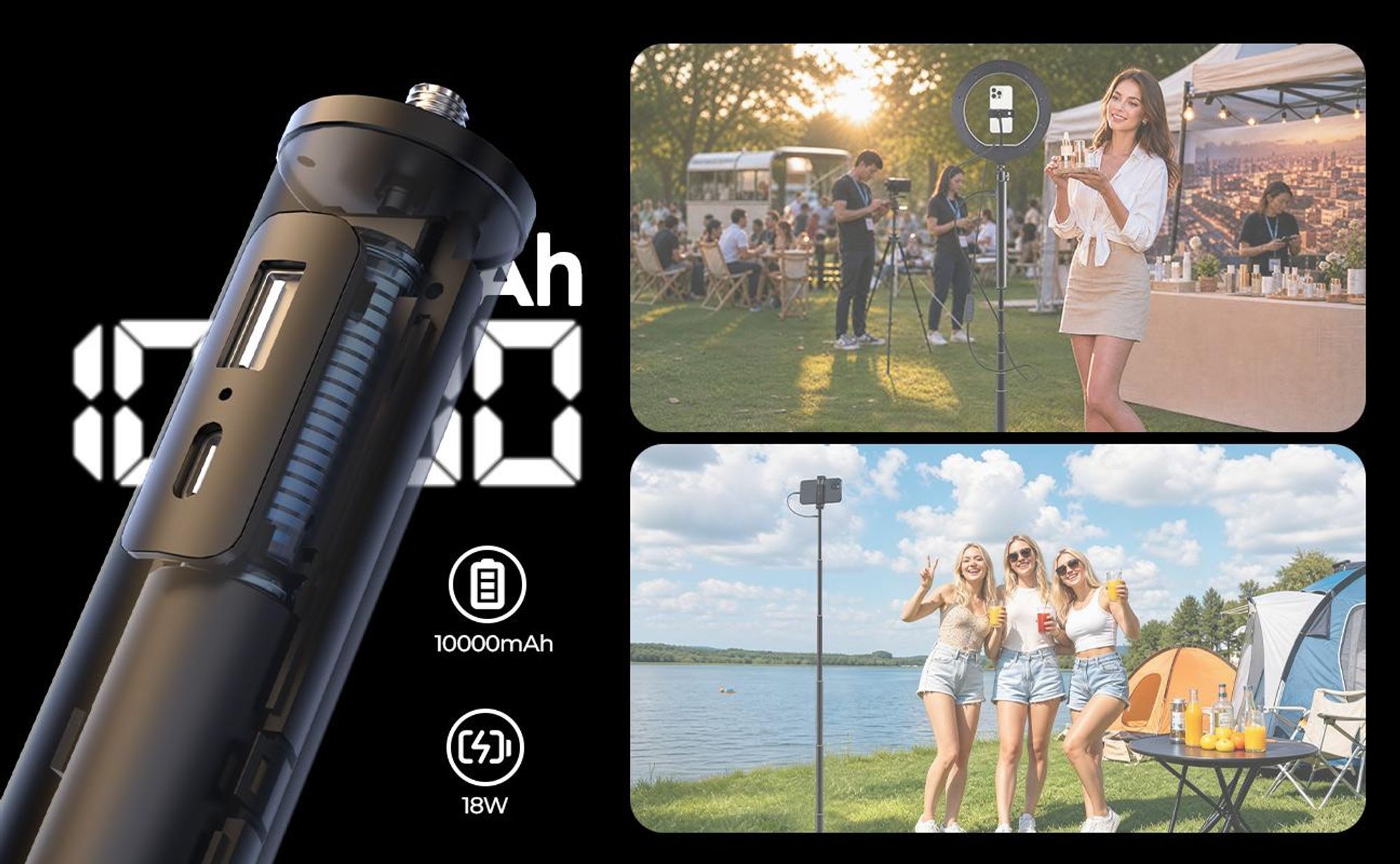 LED Ringlicht 10 Zoll mit Stativ 178 cm, 10000mAh Akku, Selfie Stick, 3 Lichtfarben, 10 Helligkeitsstufen, Handyhalter