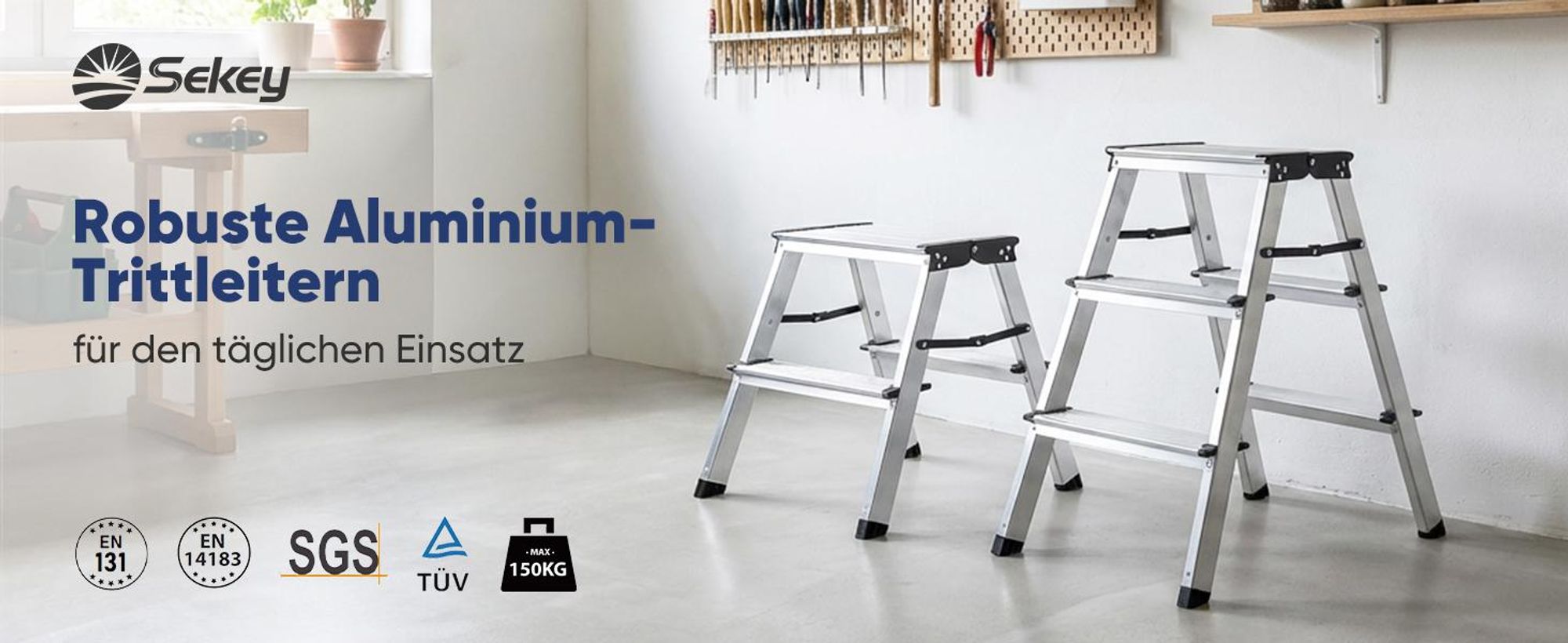 Sekey Trittleiter 2 Stufen klappbar aus Aluminium, bis 150 kg belastbar, für Haushalt & Küche