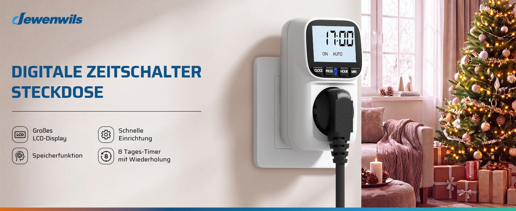 DEWENWILS Zeitschaltuhr Steckdose Digital 2er Pack, 16A 3680W, LCD Display mit Hintergrundbeleuchtung, 8 Programme