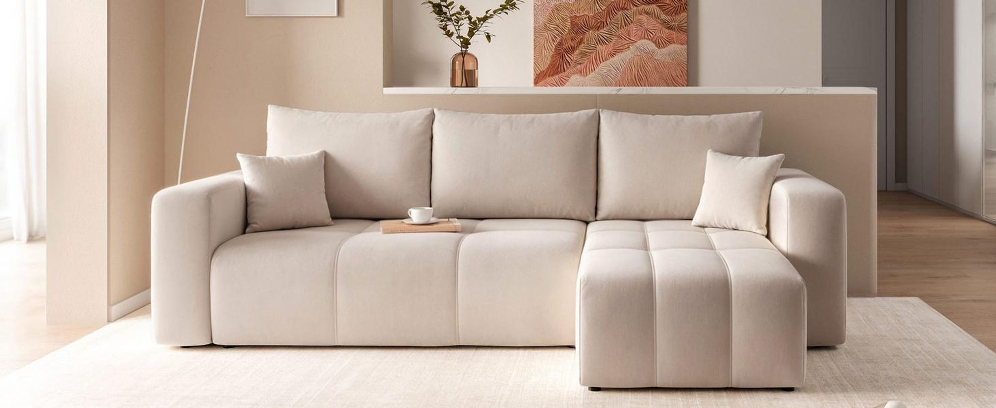 Idohome–Moderne Ecksofa mit Schlaffunktion und L-förmigen Steppungen, Couchgarnitur, Universale Couch, Sofa, Bettcouch, PEDROO - Farbe Beige Manila 02