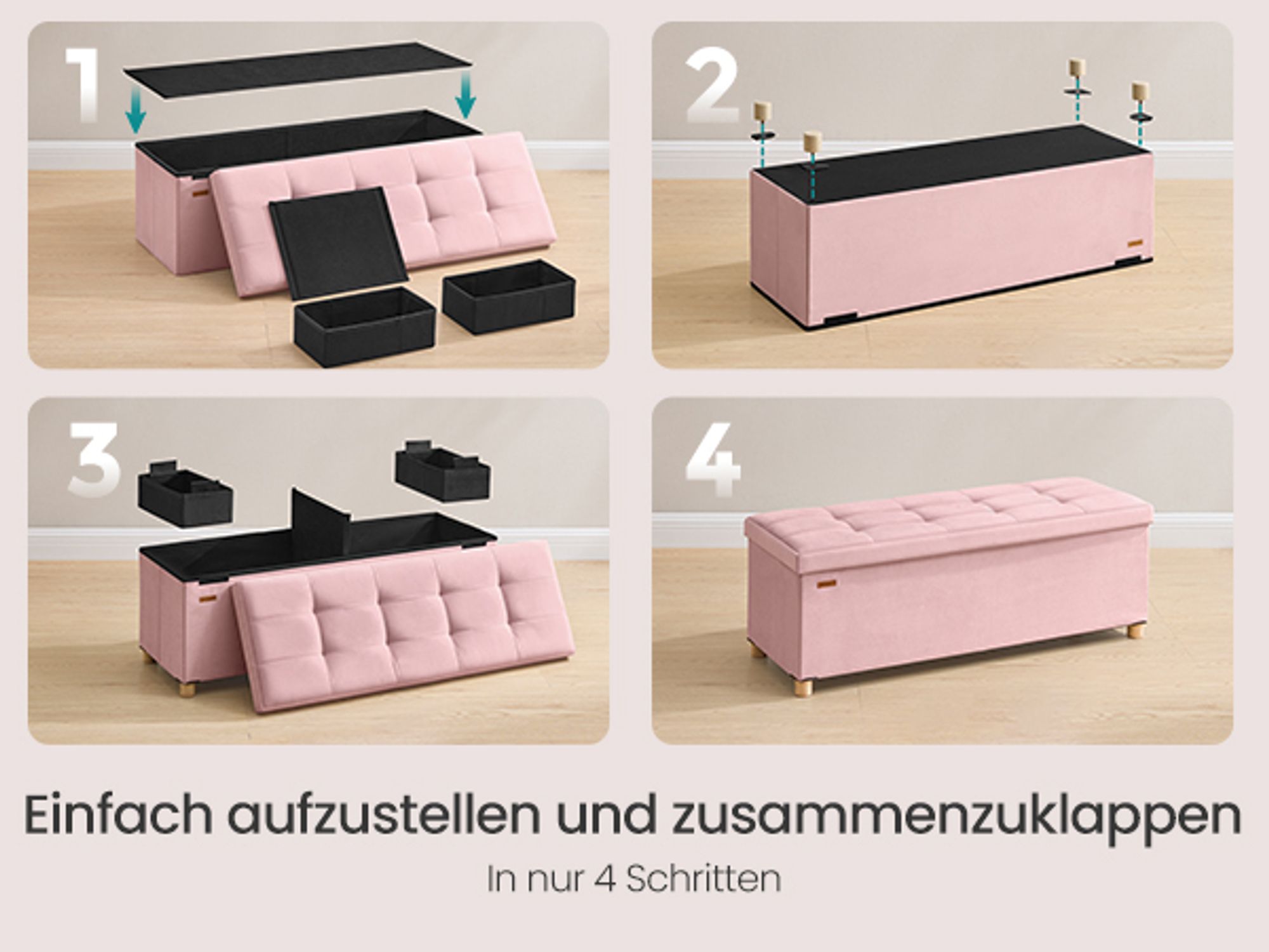 SONGMICS Sitzbank mit Stauraum, Hocker faltbar, 38 x 110 x 40 cm, Aufbewahrungsbox mit Deckel, Fußhocker 112 L, Samt, bis 300 kg belastbar
