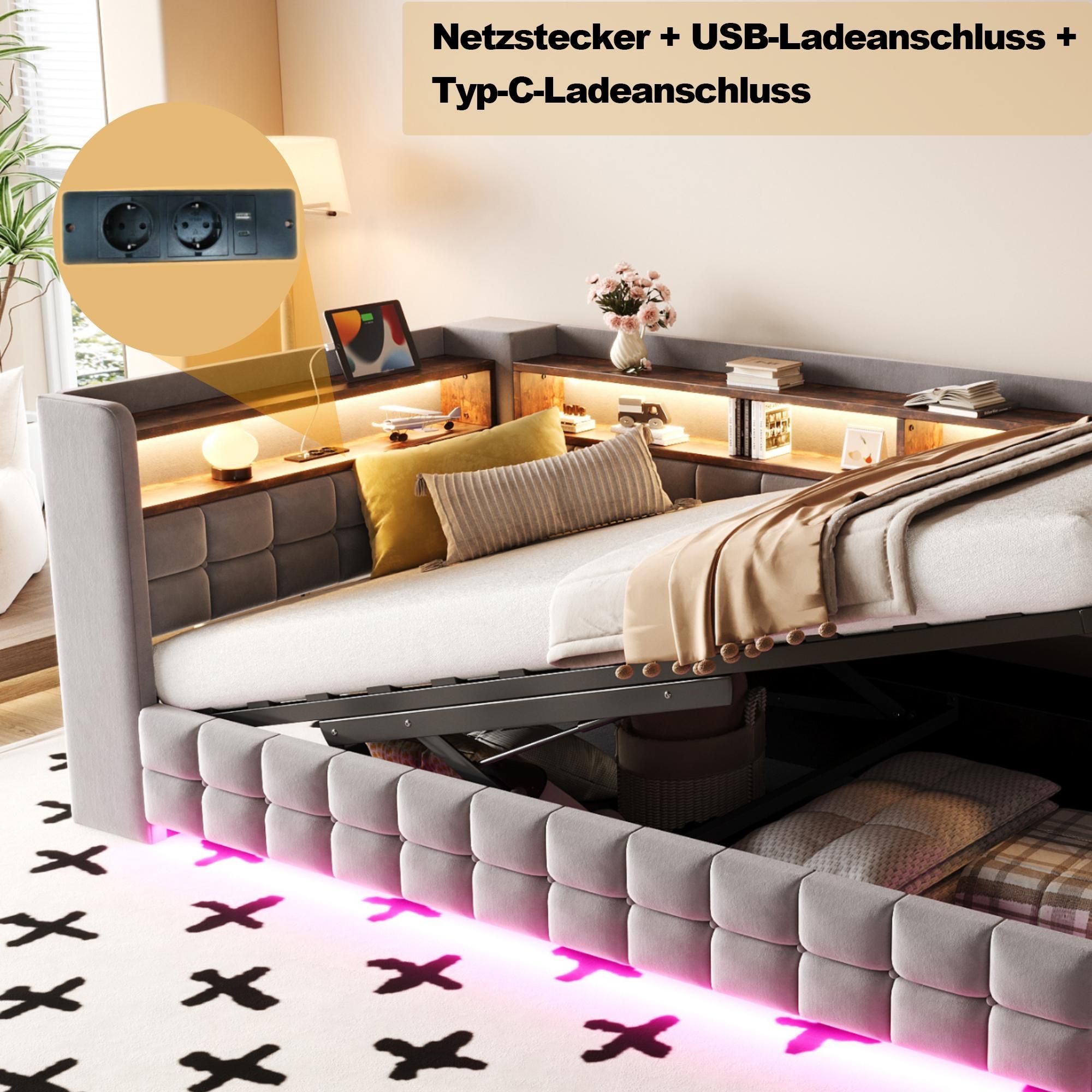 Merax Polsterbett Schlafsofa 90x200cm mit LED-Beleuchtung, Tagesbett mit Hydraulischer Stauraum und Holzregal,USB-Ladeanschlüsse,Samtstoff,Hellgrau