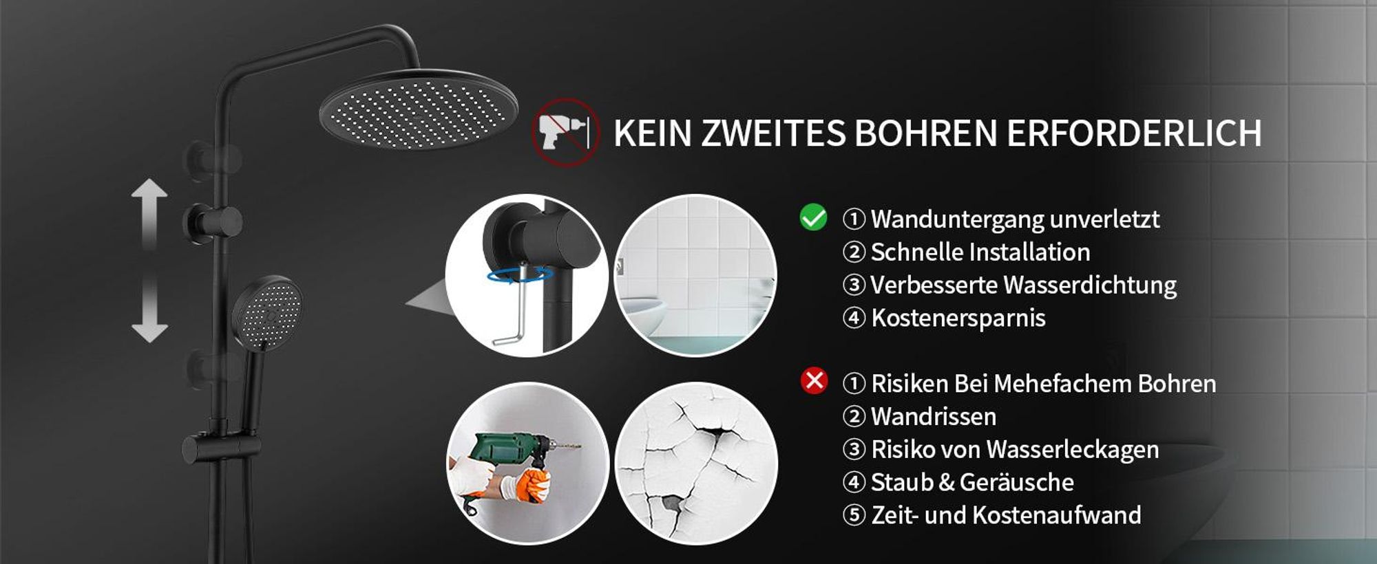 Homelody Duschsystem mit armatur, duscharmatur komplettset mit LED-Anzeige, regendusche mit 250MM kopfbrause und Handbrause, Schwarz