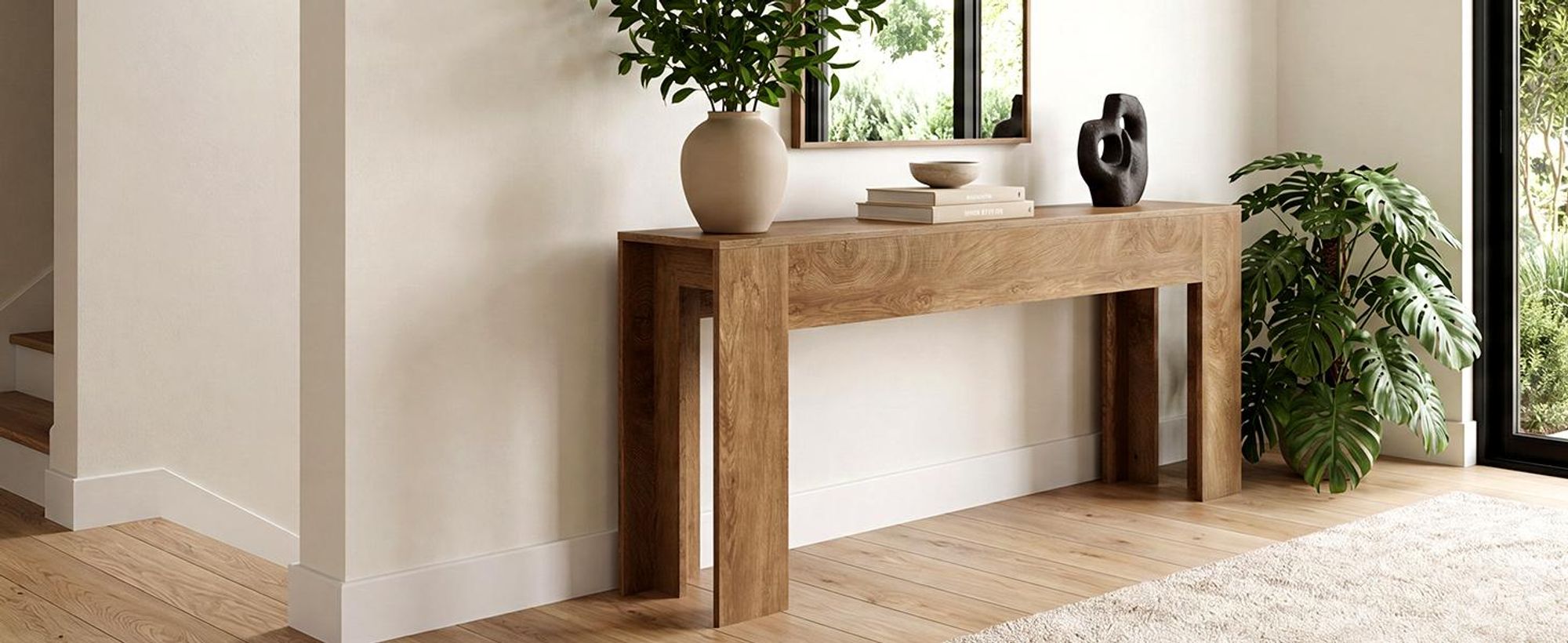 200 cm extra langer Konsolentisch, Sofatisch im Landhausstil hinter dem Sofa, großer Flurtisch für Wohnzimmer und Eingangsbereich, Eiche