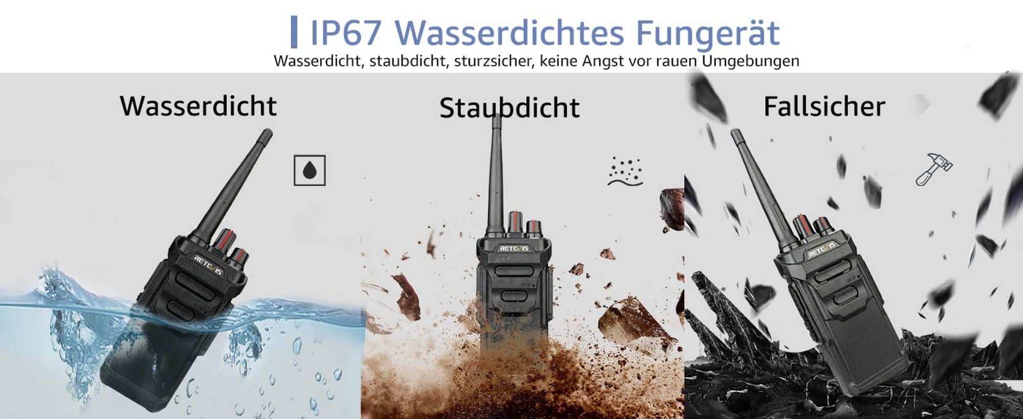 Retevis RT648 Funkgeräte set, Walkie Talkies mit USB Ladestationen, IP67 Wasserdicht, 1200mAh Batterie, Notfallalarm, VOX, Squelch, CTCSS / DCS, für Familienaktivitäten (2 Stück, Schwarz)