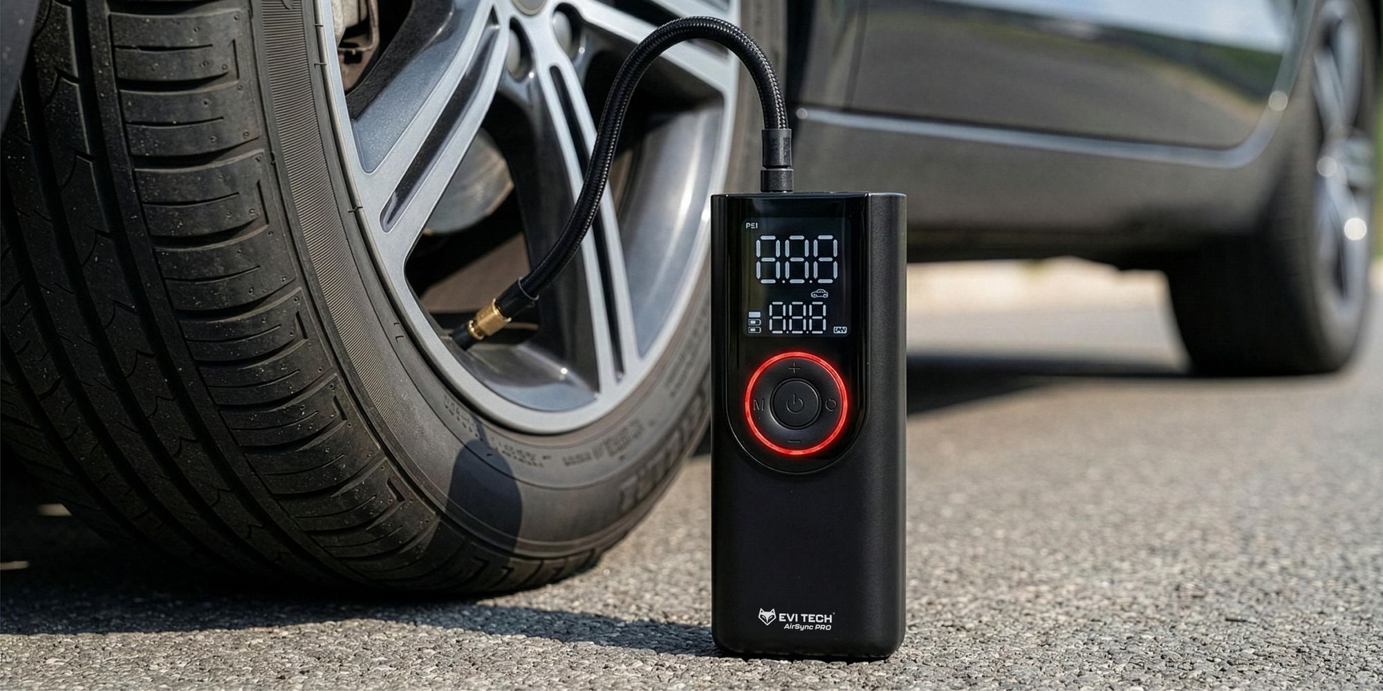 EVI TECH AirSync PRO Akku Kompressor 12 Bar Elektrische Luftpumpe 7500mAh Powerbank USB-C + 12V Kfz-Kabel für Auto Motorrad Fahrrad Tragbar Schwarz