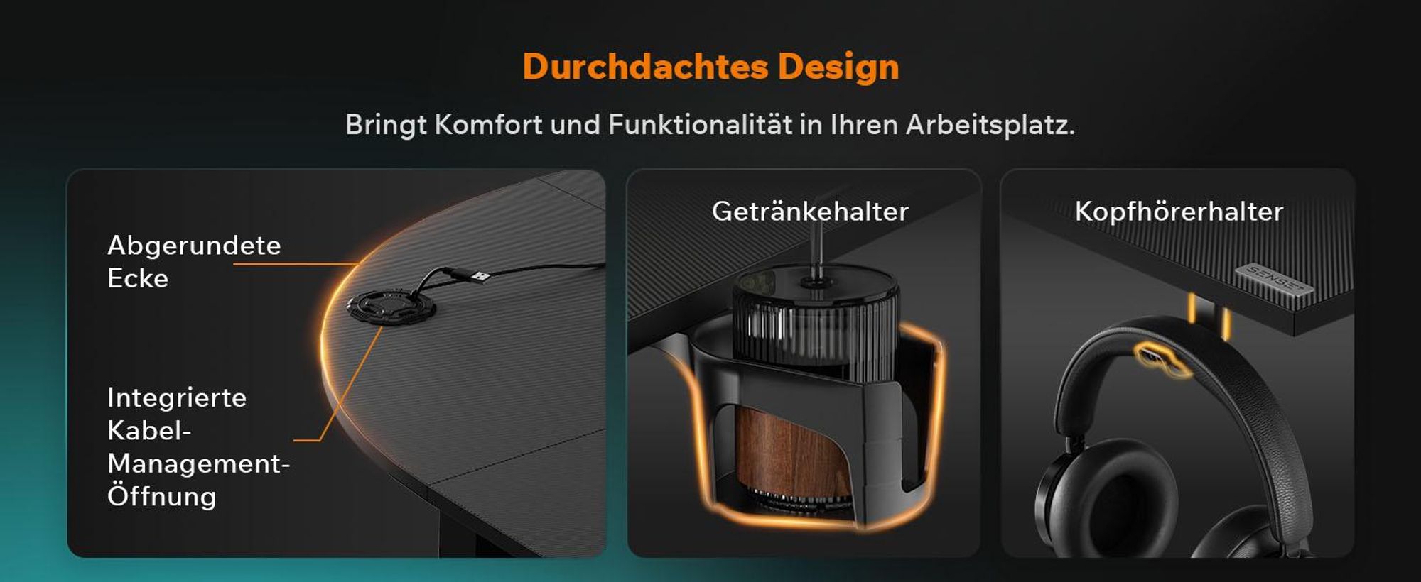 Sense7 RONG Gaming Eckschreibtisch L-Form 154x117 cm - Schwarz Computertisch Carbon Optik PC Gamer Tisch flexibel montierbar Home Office