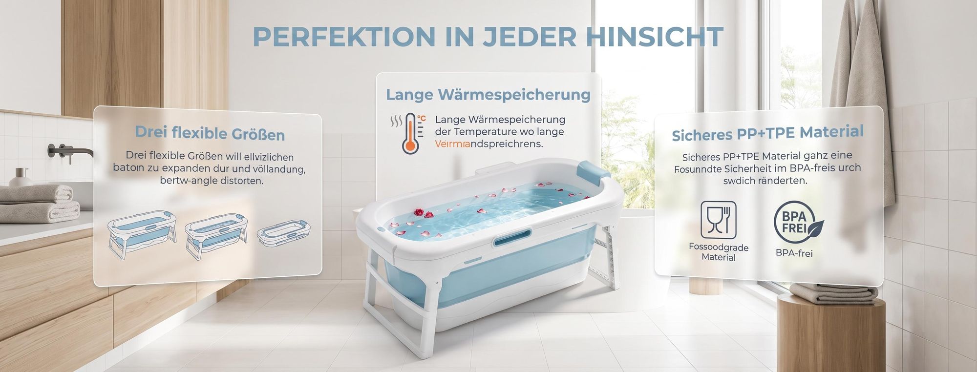ROSEJANE Faltbare Badewanne 128 x 61 x 53 cm, freistehende Badewanne mit Deckel, platzsparend zusammenklappbar, versteckter Tragegriff, PP + TPE, Blau-Weiß, 8 Massage-Rollen