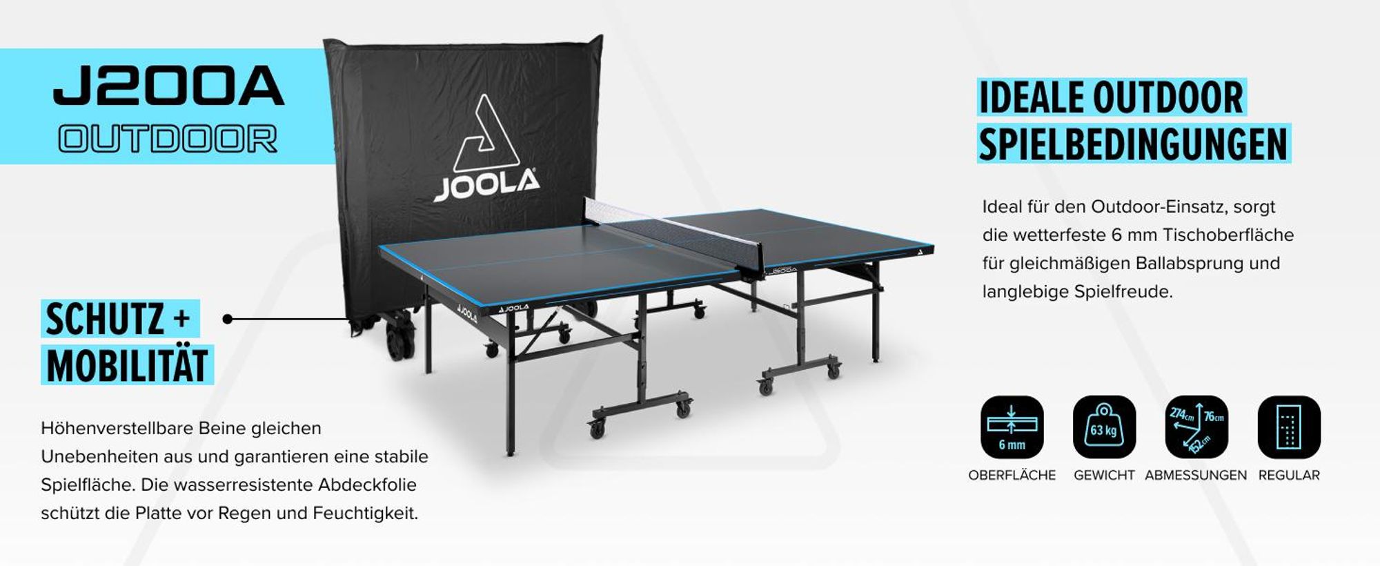 JOOLA Outdoor Tischtennisplatte J200A inkl. Abdeckhülle - Profi Tischtennistisch 6 MM Aluminium-Verbundoberfläche Wetterfest - Klappbares Untergestell