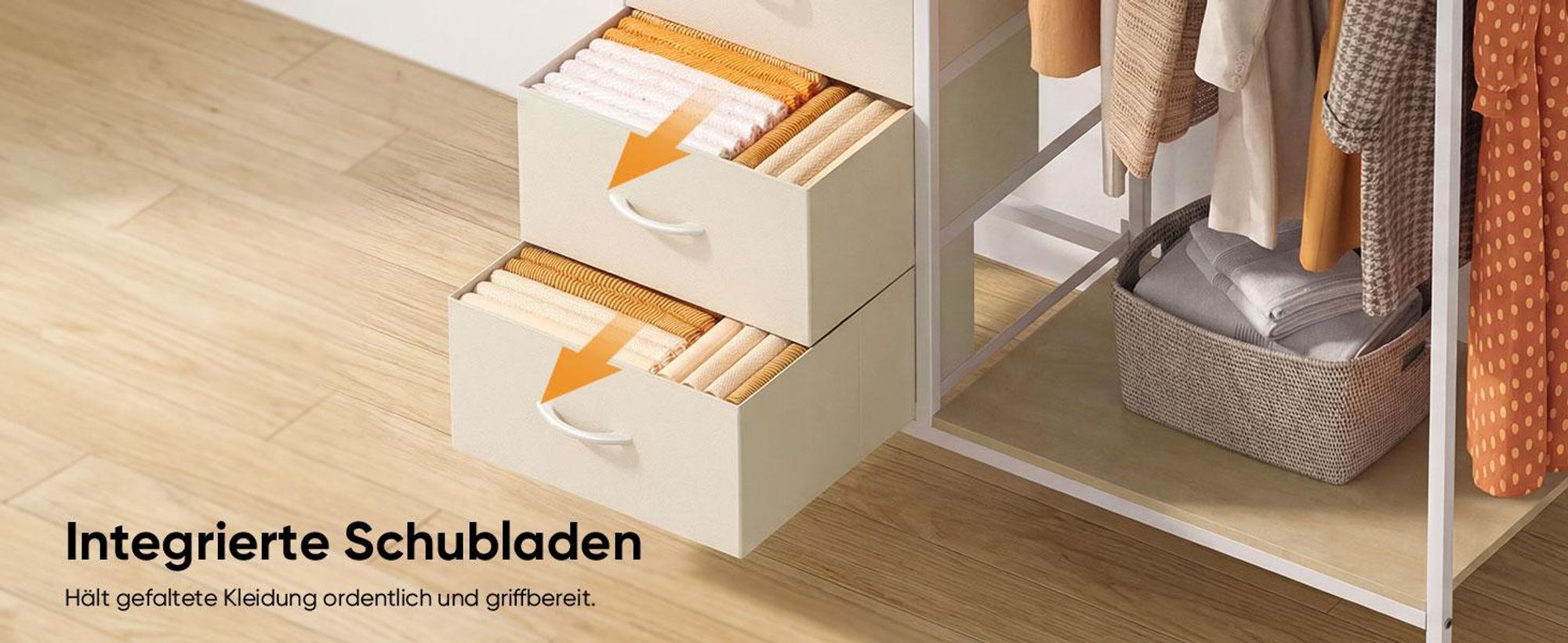 HOKEEPER fahrbarer Kleiderständer mit Schubladen, Haken, Beige, Offener Kleiderschrank, Kleiderstange