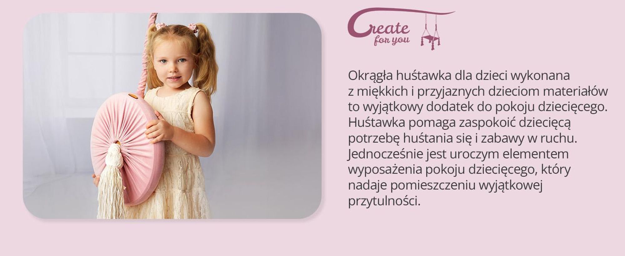 Create for you® - Huśtawka Ring dla Dzieci Domowa, z Liną Bawełnianą, Bujak Okrągły Dziecięcy Indoor, Miękkie Siedzisko, Średnica 36 cm - Róż