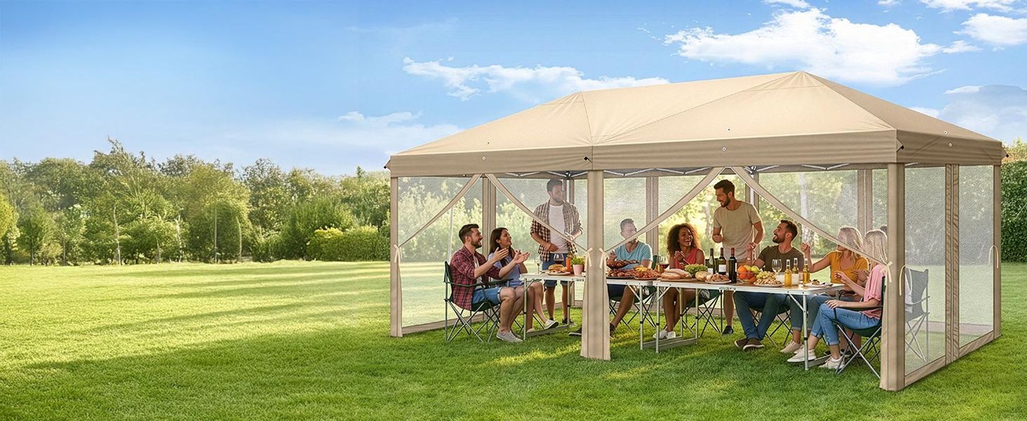FCH 3x 6m Faltpavillon, Pop Up Pavillon mit 6 Seitenwänden, wasserdicht, UV-Schutz,Gartenpavillon，Khaki