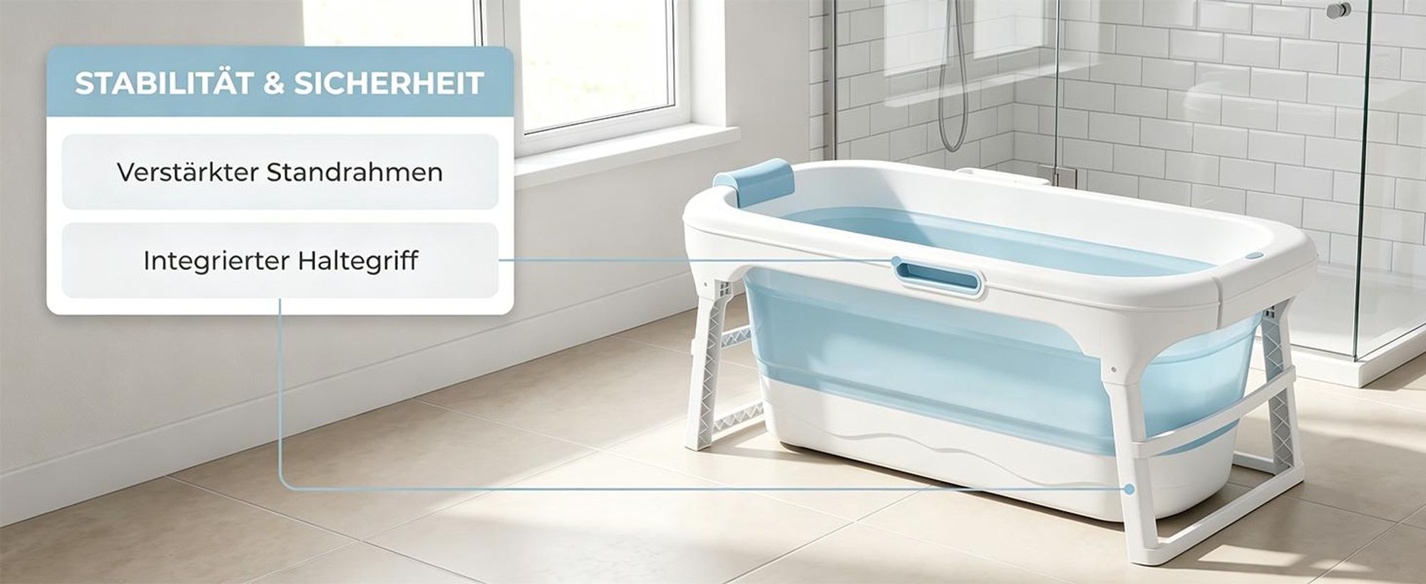 ROSEJANE Faltbare Badewanne 128 x 61 x 53 cm, freistehende Badewanne mit Deckel, platzsparend zusammenklappbar, versteckter Tragegriff, PP + TPE, Blau-Weiß, 8 Massage-Rollen